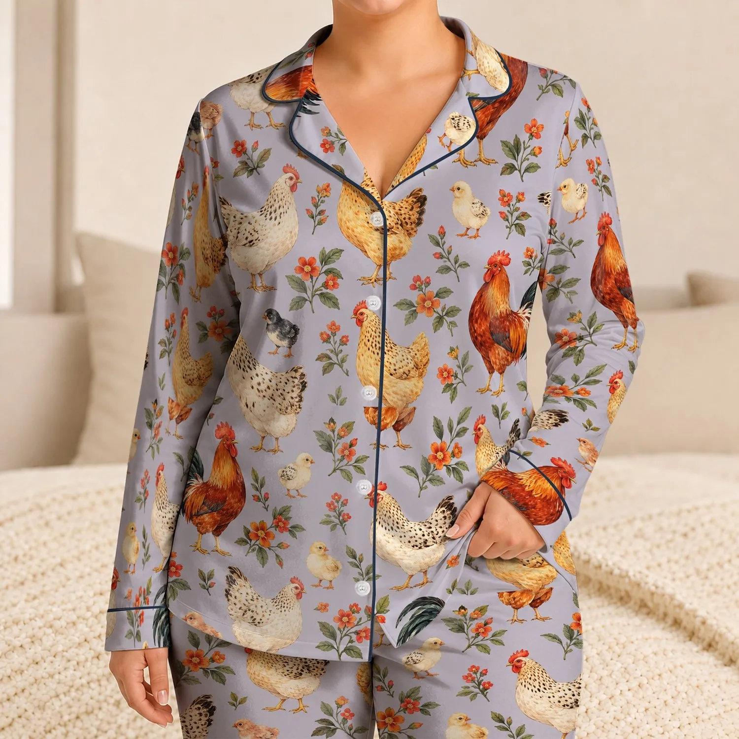 Farmhouse Chicken Motifs for Cozy Easter Mornings and Springtime Relaxation for Her Satin Pajamas Set - 1