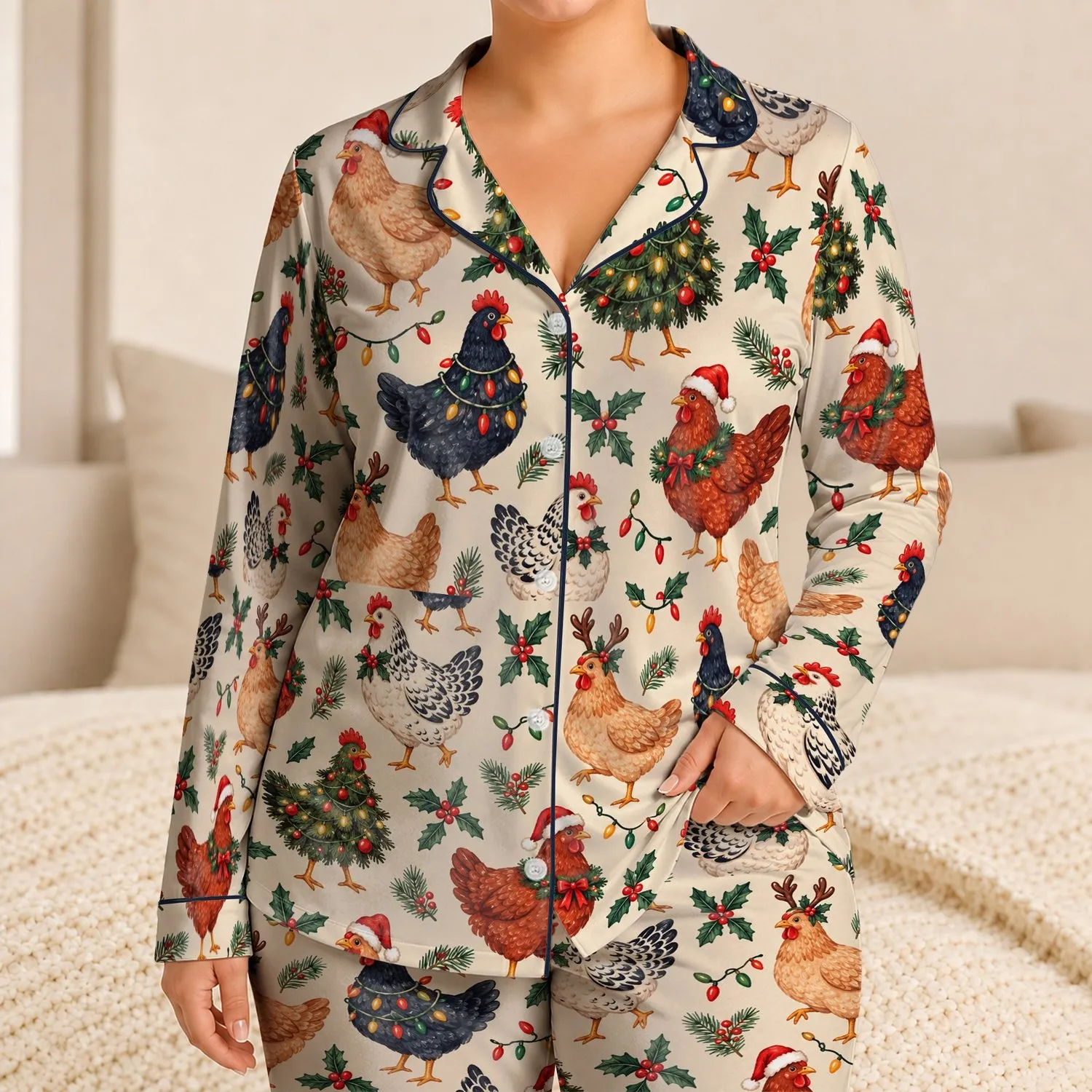 Christmas Chickens In Santa Hats For Cozy Holiday Mornings And Winter Cheer Satin Pajamas Set - 1