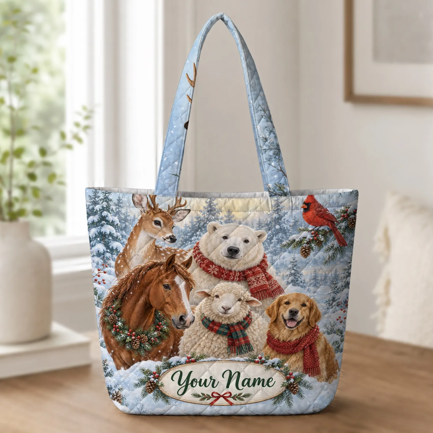 Winter Woodland Deer Bear Cardinal Horse Sheep Dog for Cozy Christmas Nature Lovers Quilted Tote Bag - 1