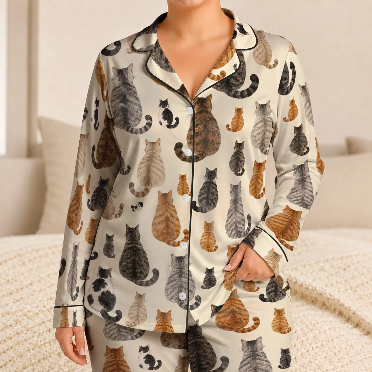 Cozy Calico Cat Companions for Relaxed Autumn Evenings and Winter Home Lounging Satin Pajamas Set - 1