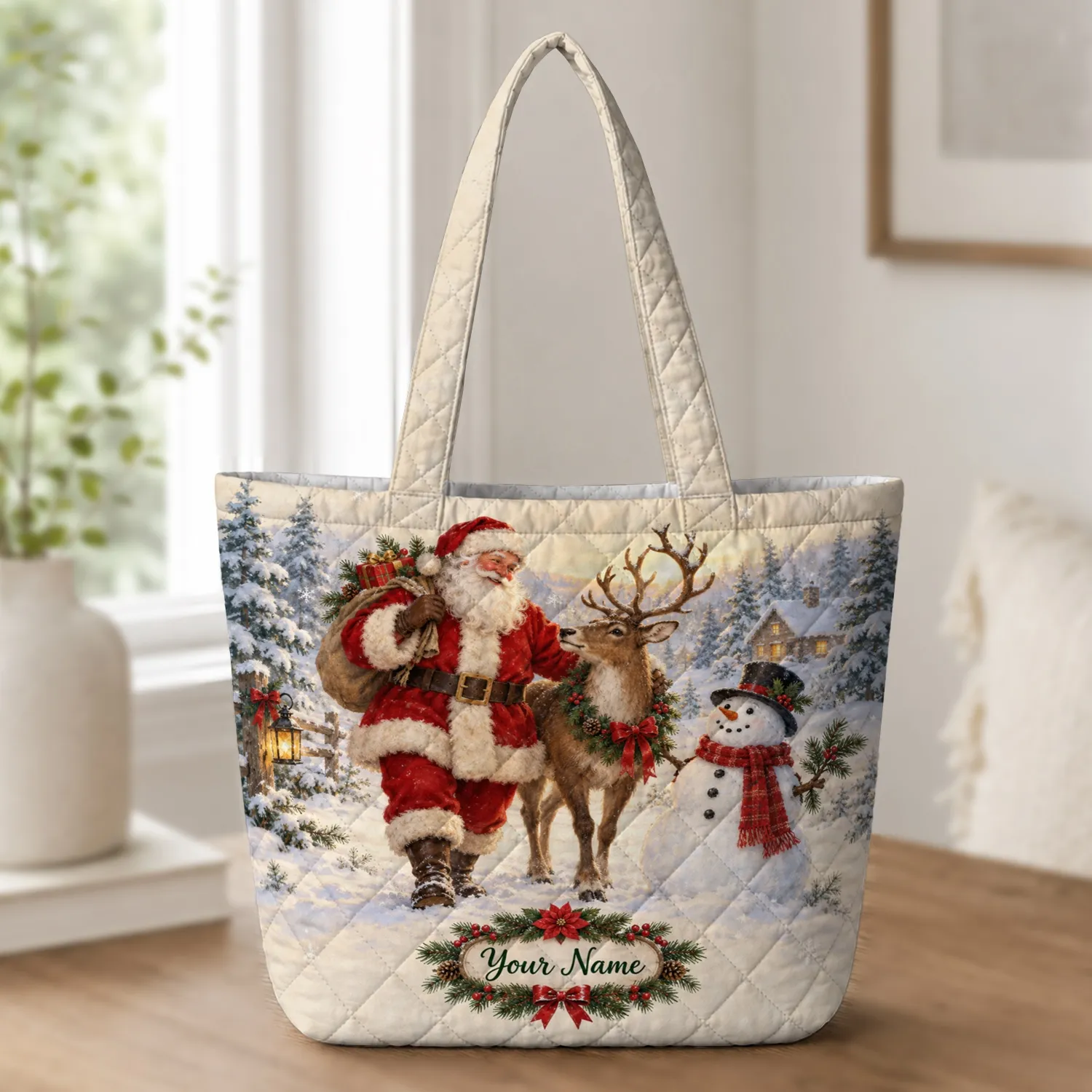 Vintage Santa Reindeer Snowman Christmas Gift Scene for Festive Winter Holiday Cheer Quilted Tote Bag - 1