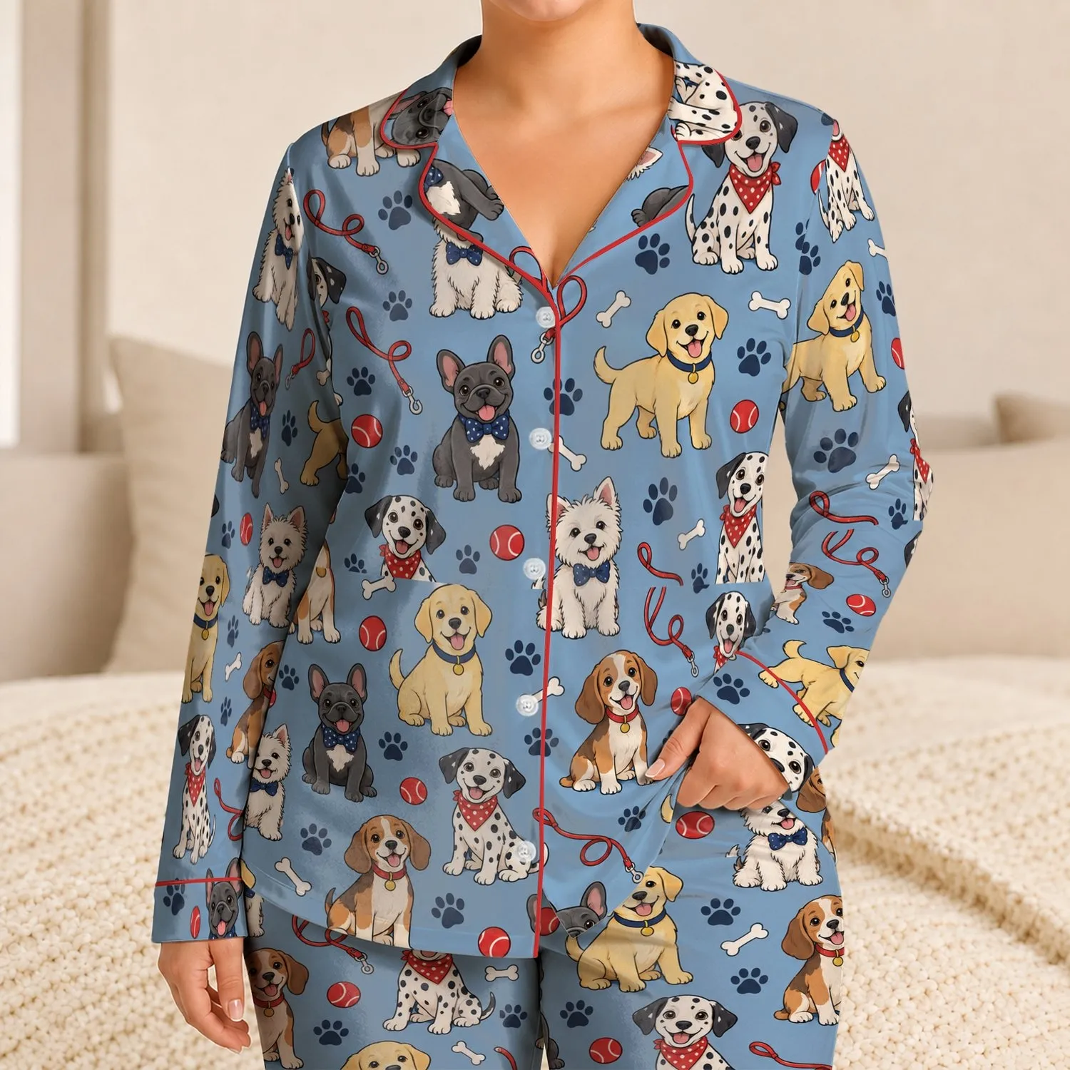 Playful Cartoon Puppy Party With Paw Prints For Cheerful Summer Lounging Satin Pajamas Set - 1