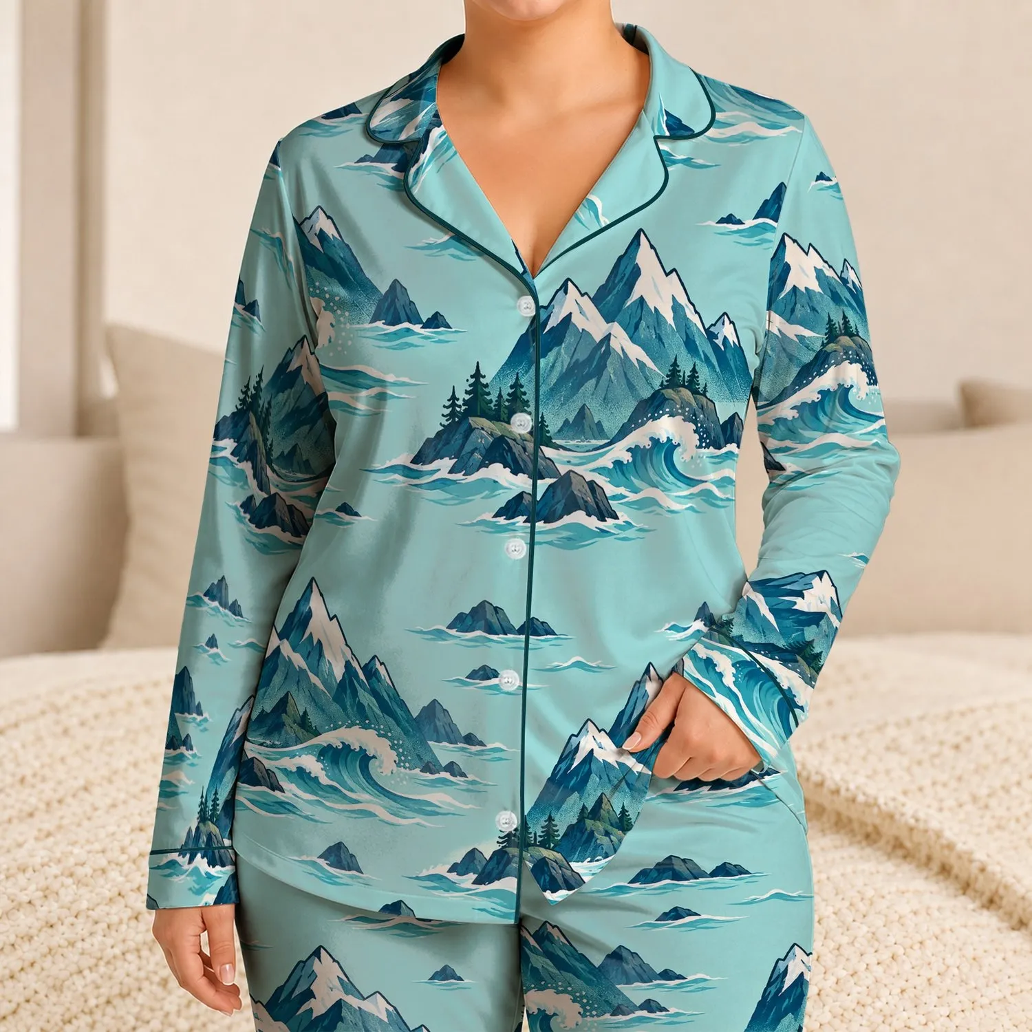 Geometric Mountain And Sea Motifs For Relaxed Coastal Summer Getaways Satin Pajamas Set - 1