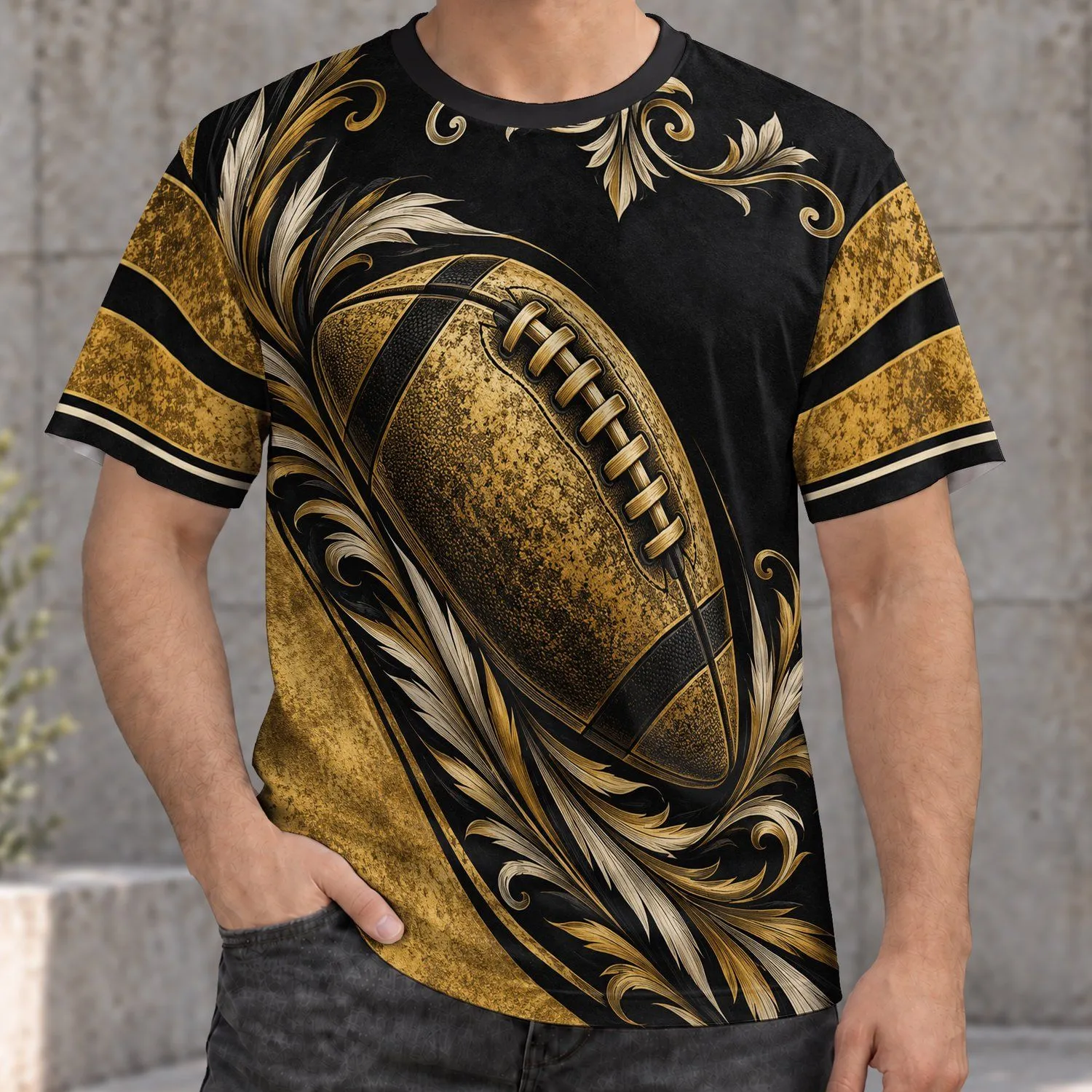 Gold Football Fleur Motif for Game Day Tailgating and New Orleans Sports Fans All-over Print Unisex T-shirt - 1