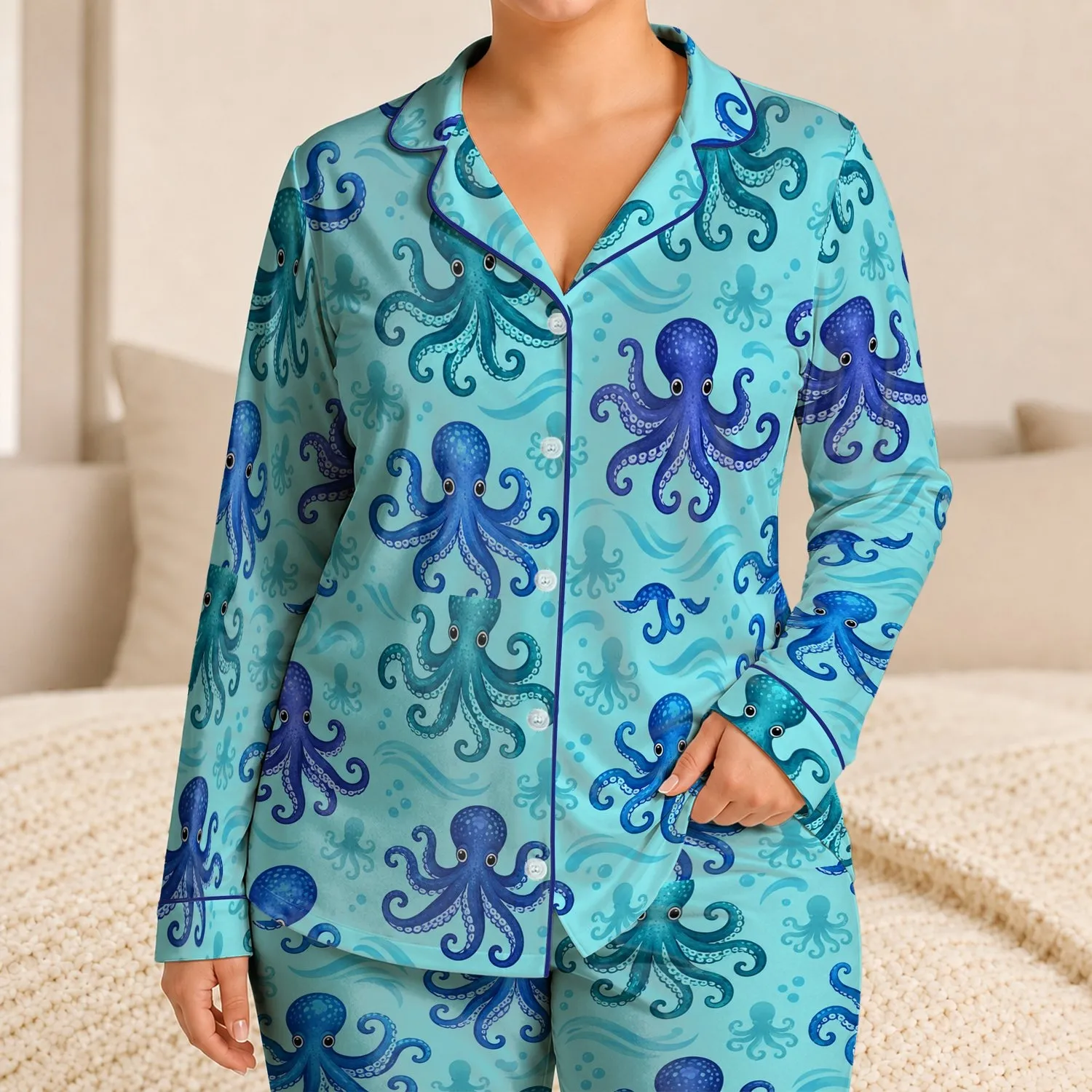 Blue Aqua Octopus Ocean Motifs for Relaxed Coastal Getaways and Summer Beach Lovers Satin Pajamas Set - 1
