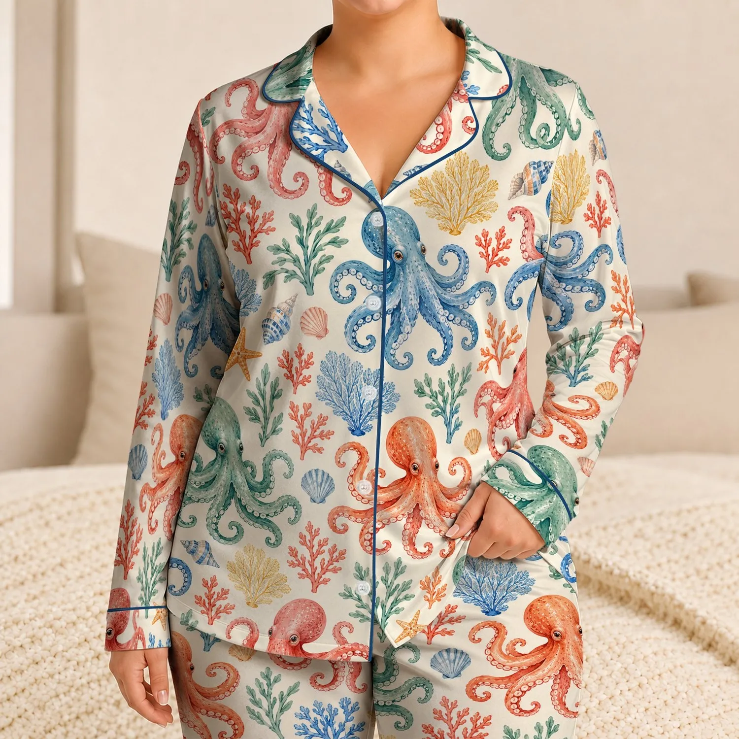 Watercolor Octopus And Coral Ocean Scenes For Relaxed Coastal Getaways And Summer Escapes Satin Pajamas Set - 1