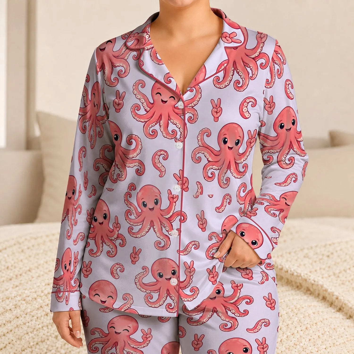 Cheerful Victory Sign Octopus Ocean Motif for Relaxed Coastal Weekends and Sea Lovers Satin Pajamas Set - 1