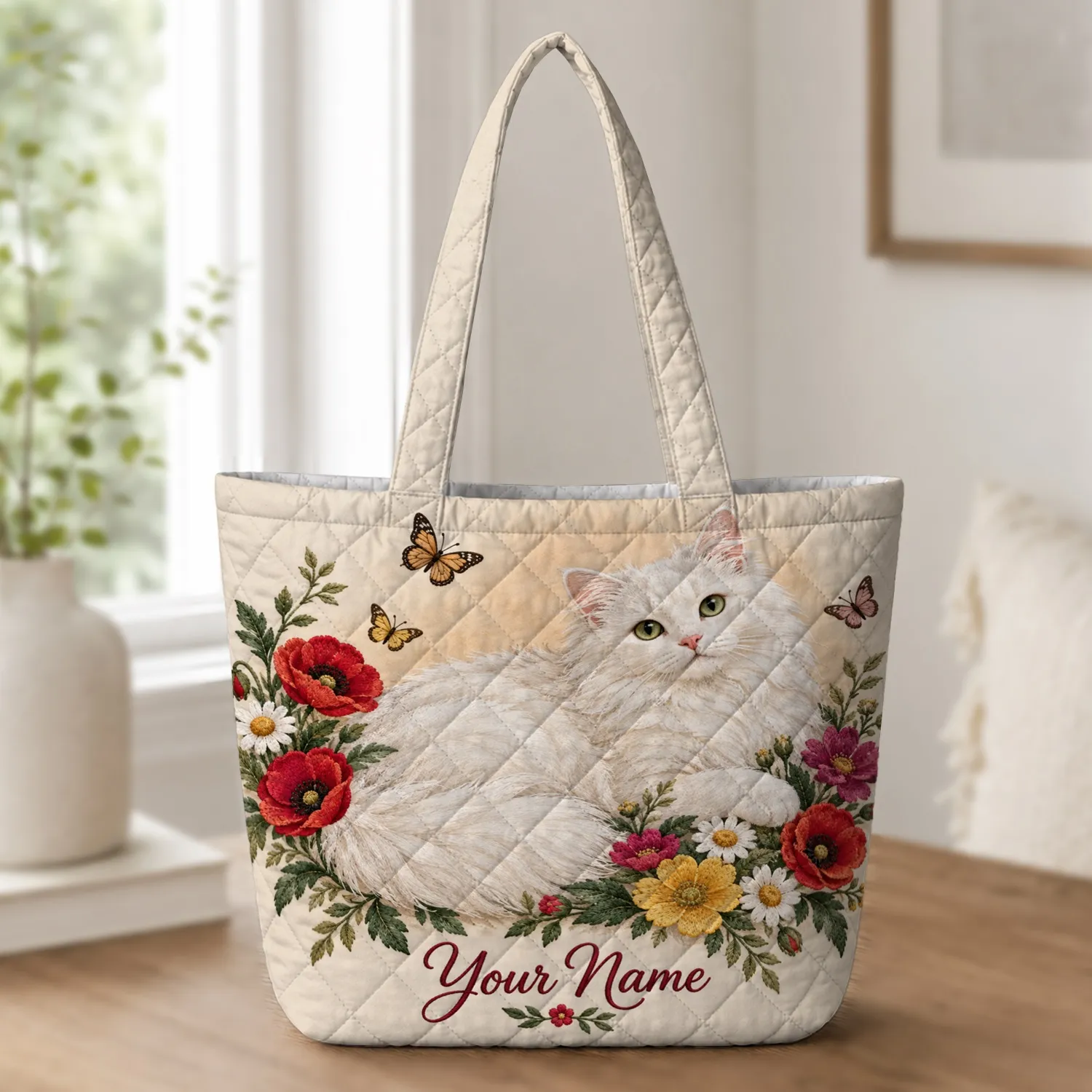 White Cat And Wildflower Garden Gift For Cat Lovers And Cozy Cottage Style Quilted Tote Bag - 1