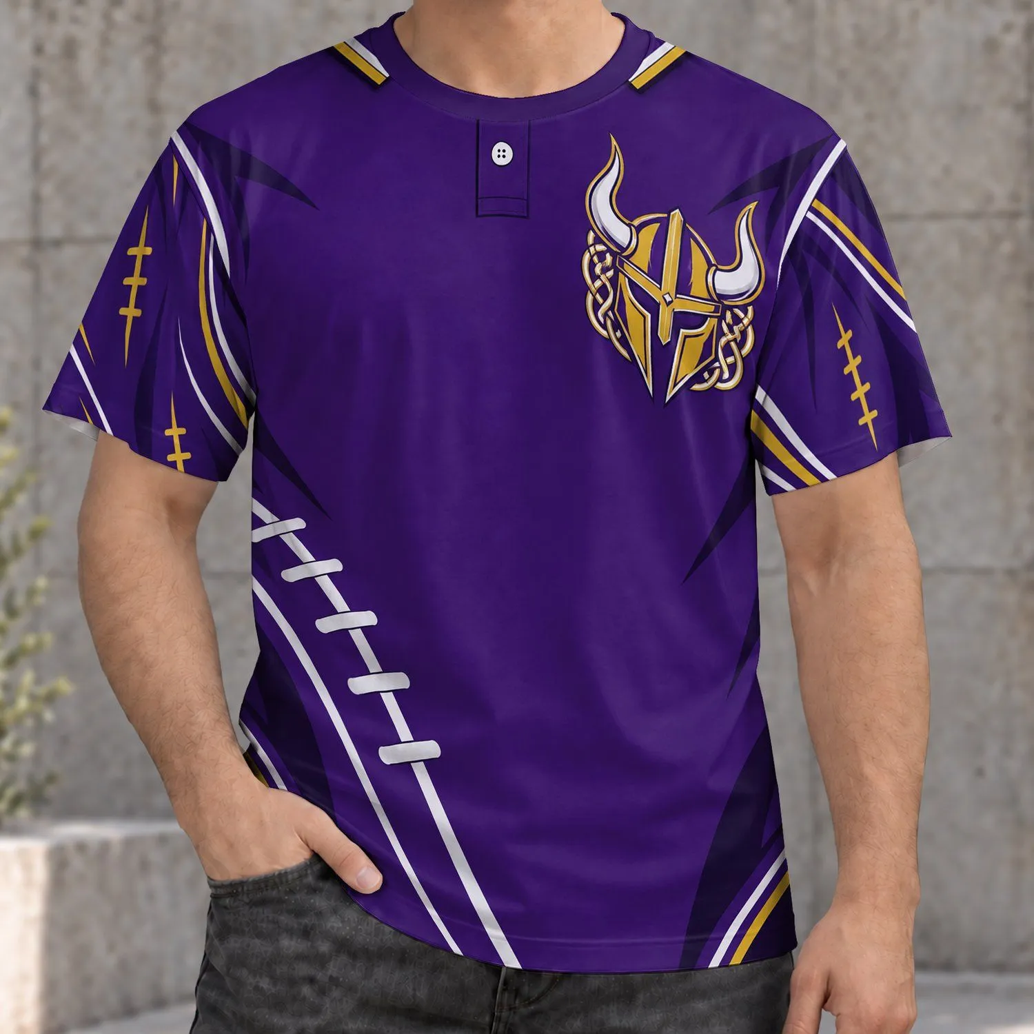 Purple Norse Helmet Rugby Lacing for Game Day Tailgates and Fan Gatherings All-over Print Unisex T-shirt - 1
