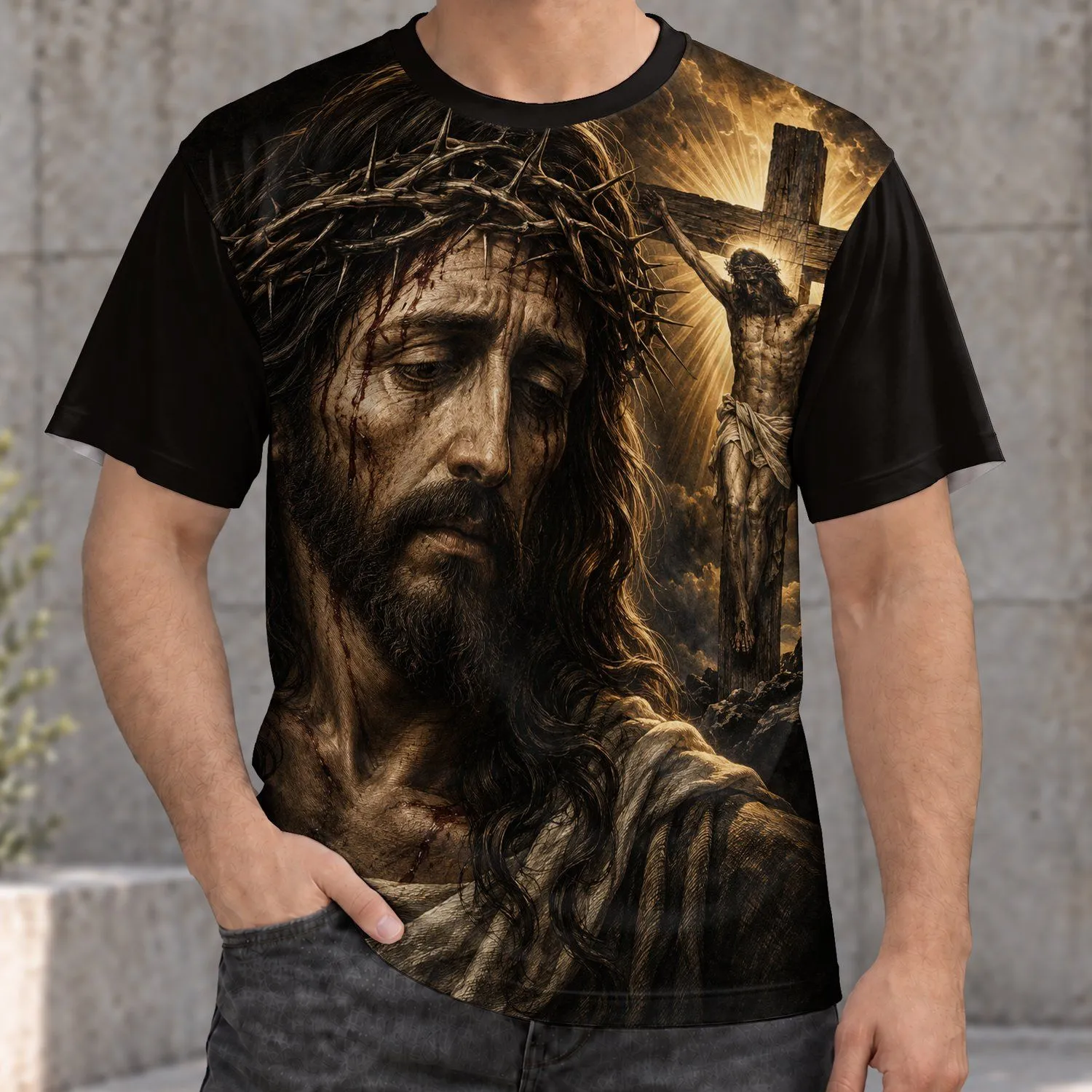 Bearded Crowned Figure With Radiant Cross for Faith Gatherings and Everyday Wear Gift All-over Print Unisex T-shirt - 1