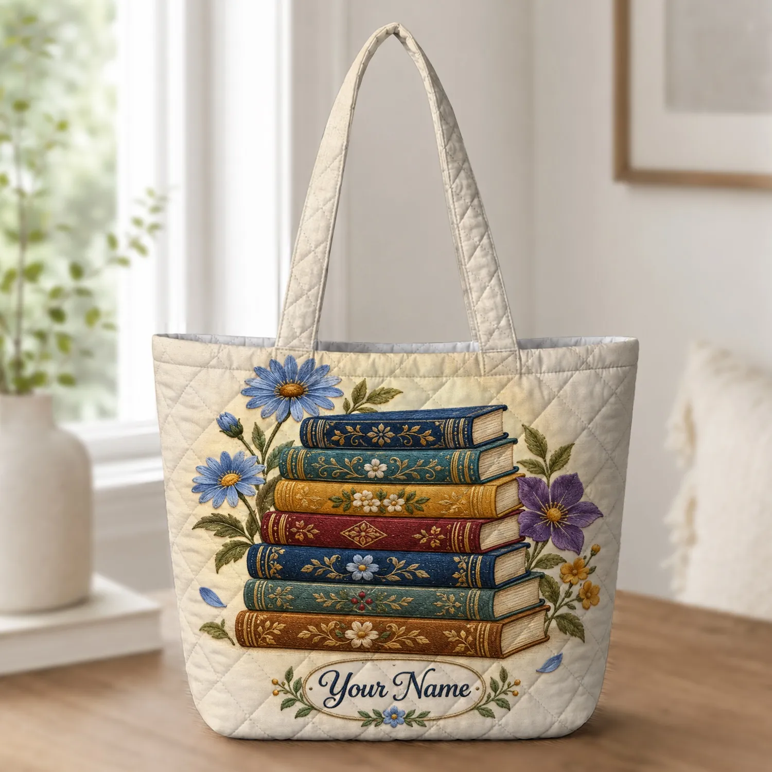 Vintage Book Stack And Garden Blooms For Cozy Reading Days And Book Lovers Quilted Tote Bag - 1