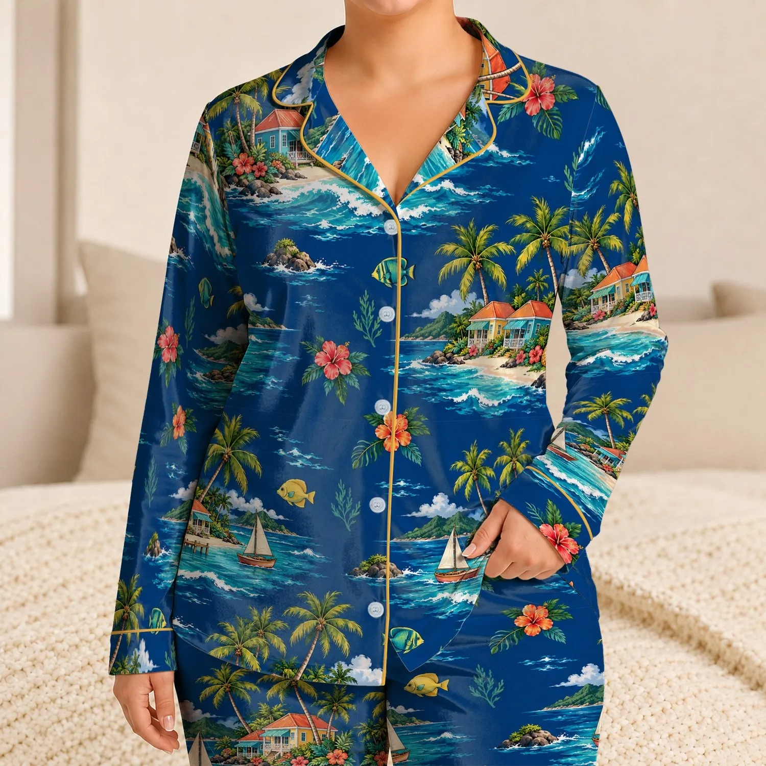 Tropical Island Palms, Lagoon Fish and Coastal Boats for Relaxed Summer Getaways Satin Pajamas Set - 1
