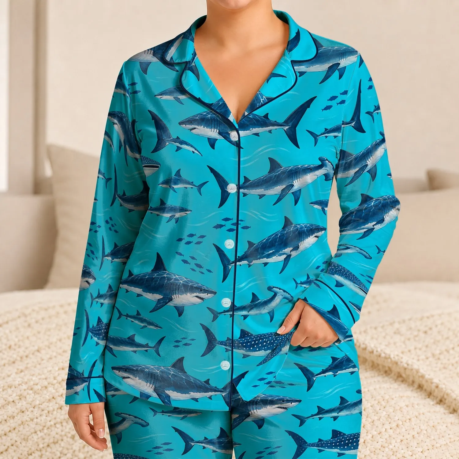 Deep Sea Shark Silhouettes for Ocean Lovers and Coastal Getaways Satin Pajamas Set - 1