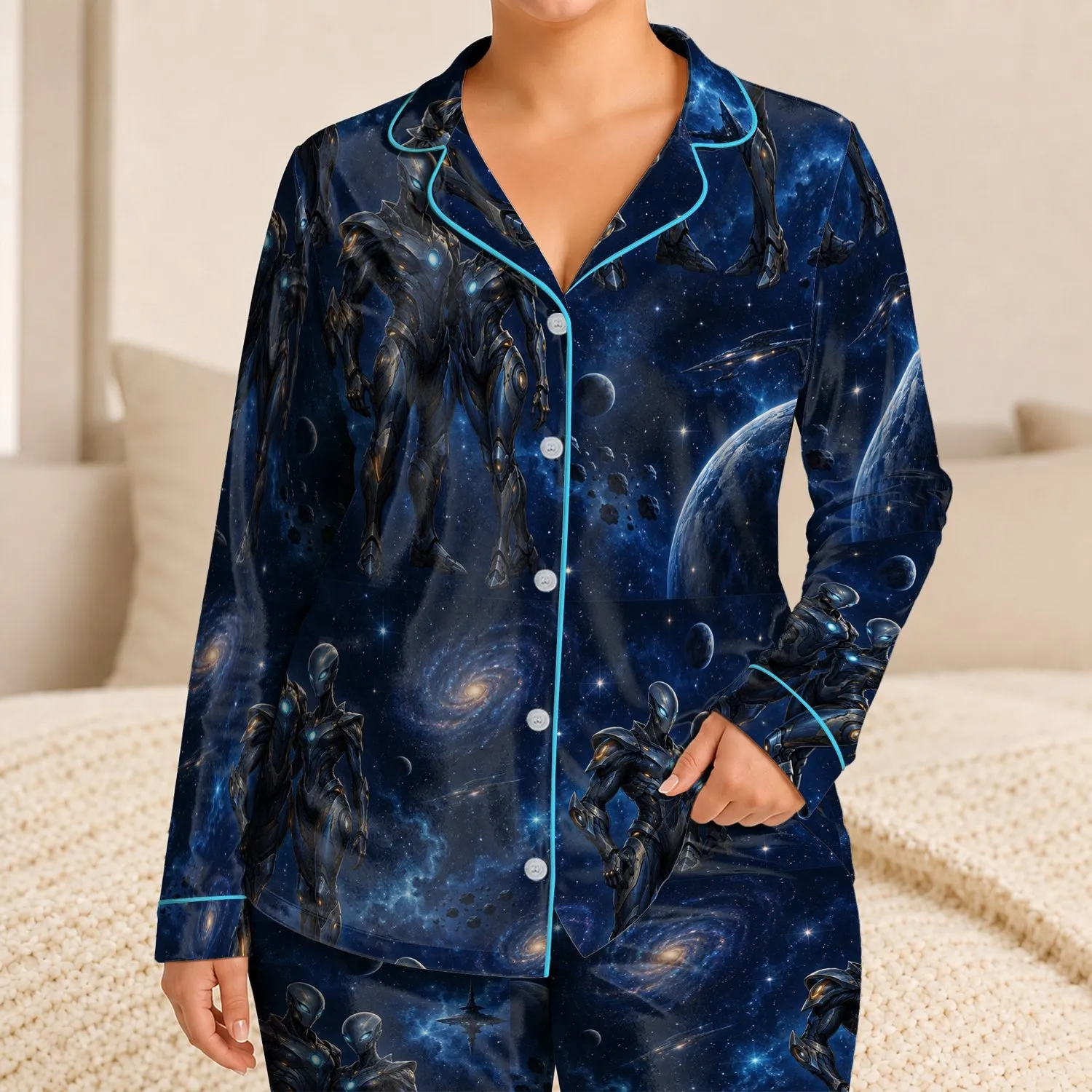 Futuristic Armored Alien Duo for Cosmic Lounging and Sci-Fi Fan Gift Giving Nights Satin Pajamas Set - 1