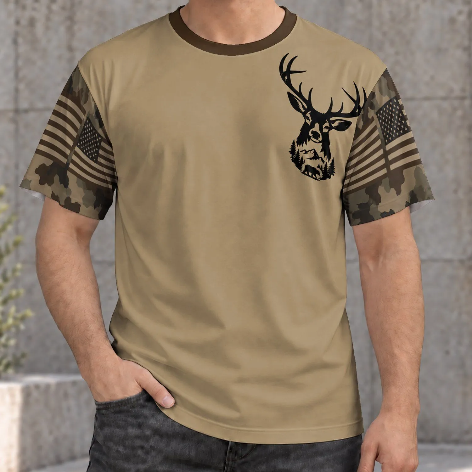 Deer Antlers and Mountain Wilderness Emblem for Hunting and Outdoor Adventure All-over Print Unisex T-shirt - 1
