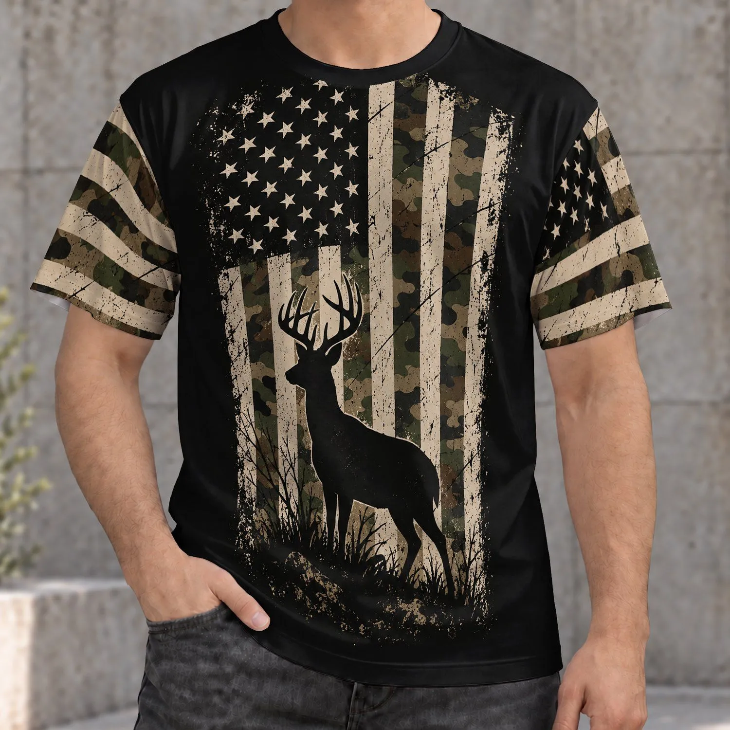 Deer And American Flag Woodland Camo For Hunting, Camping And Outdoor Adventure All-over Print Unisex T-shirt - 1