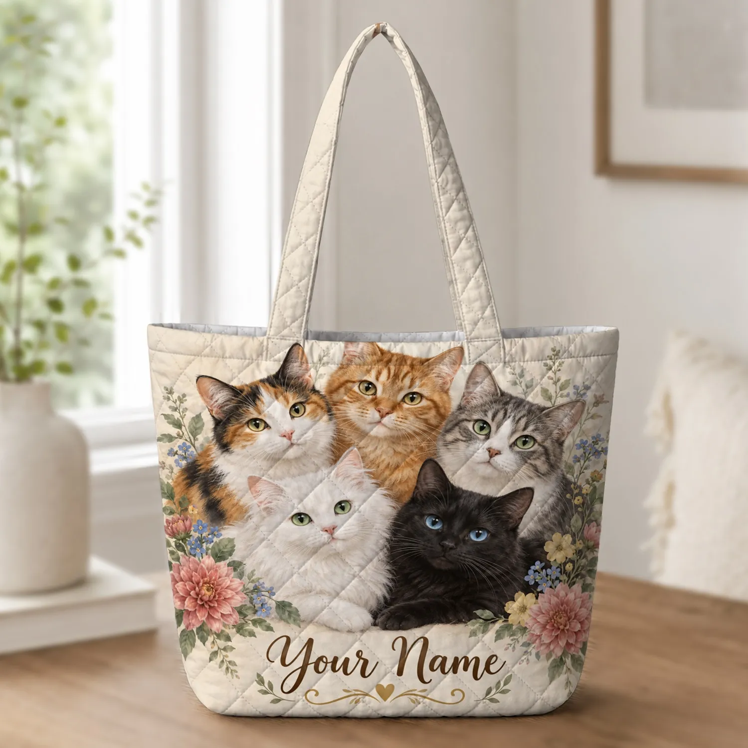 Five Colorful Garden Cats with Blossoms for Cat Lovers and Everyday Pet Mom Gifts Quilted Tote Bag - 1