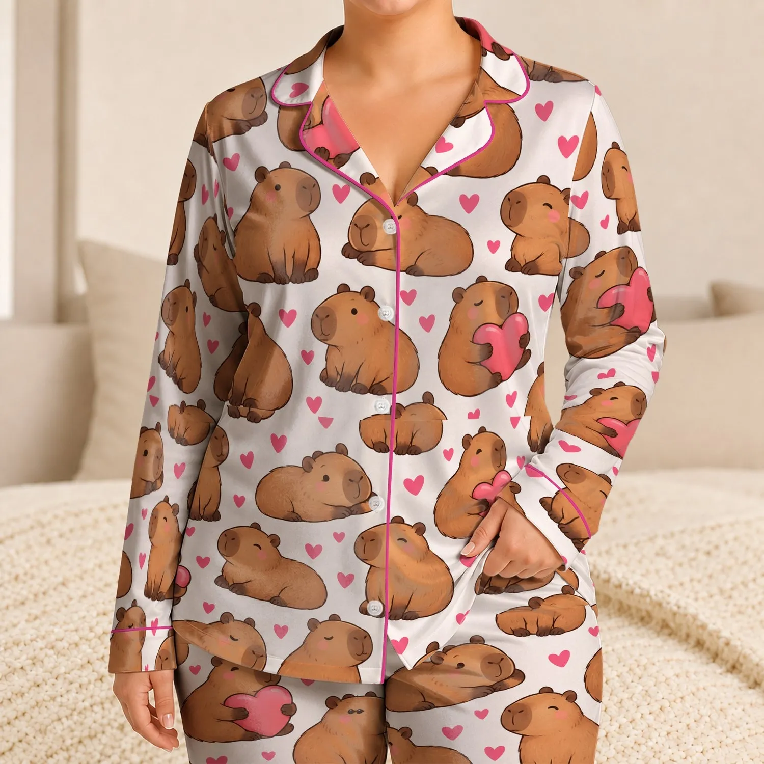 Cute Capybara And Pink Heart Motifs For Cozy Autumn Lounging And Winter Gift Giving Satin Pajamas Set - 1