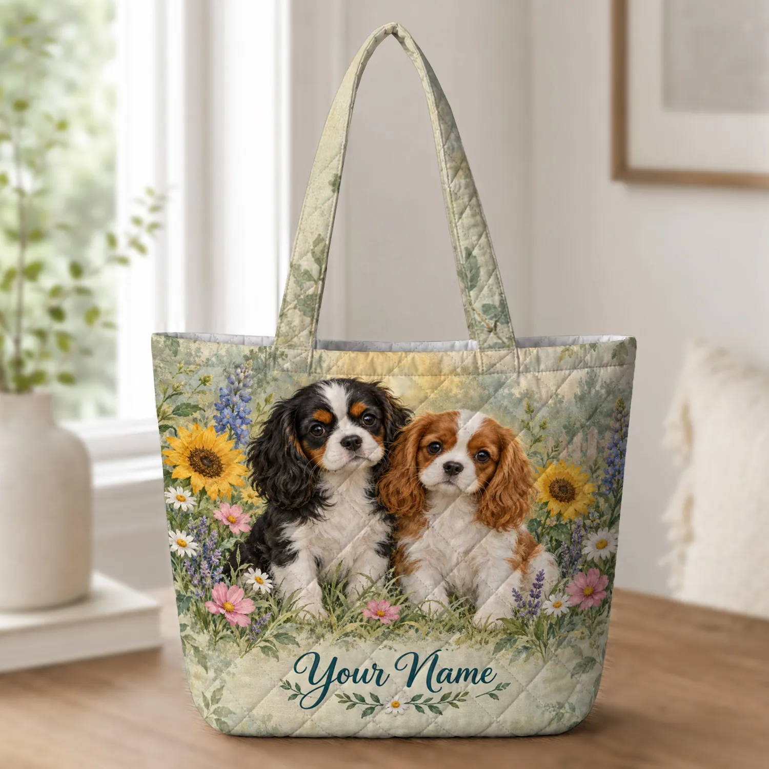 Cavalier Spaniel Puppies in a Garden for Dog Lovers and Springtime Gifting Quilted Tote Bag - 1