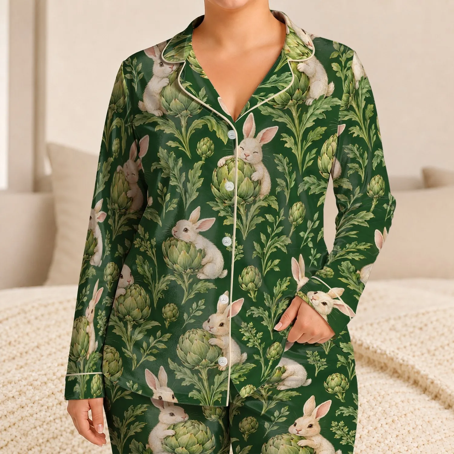 Artichoke-Hugging Bunny Botanical Motifs for Cozy Evenings and Garden-Loving Gifts Satin Pajamas Set - 1