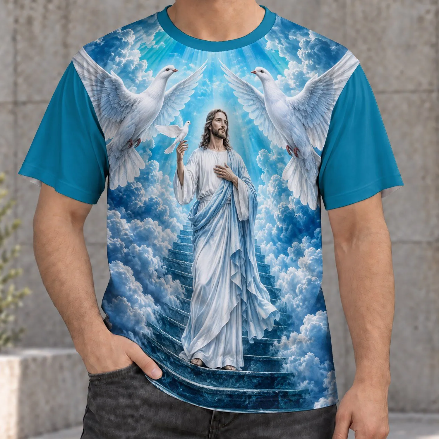 White Doves and Heavenly Stairway for Faithful Devotional Wear and Worship All-over Print Unisex T-shirt - 1