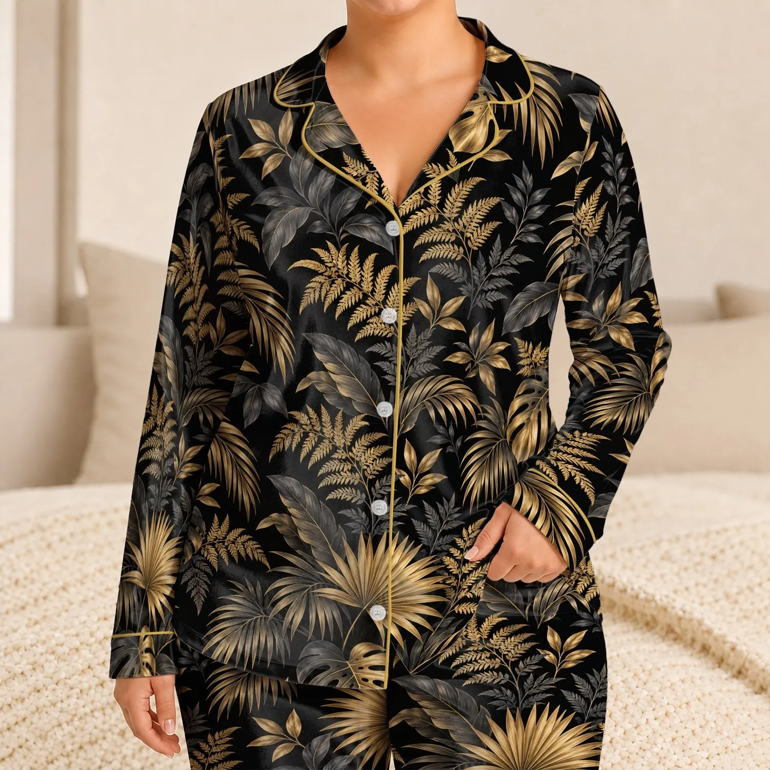 Black And Gold Tropical Palm Leaves For Elegant Resort Getaways And Relaxed Evenings Satin Pajamas Set - 1