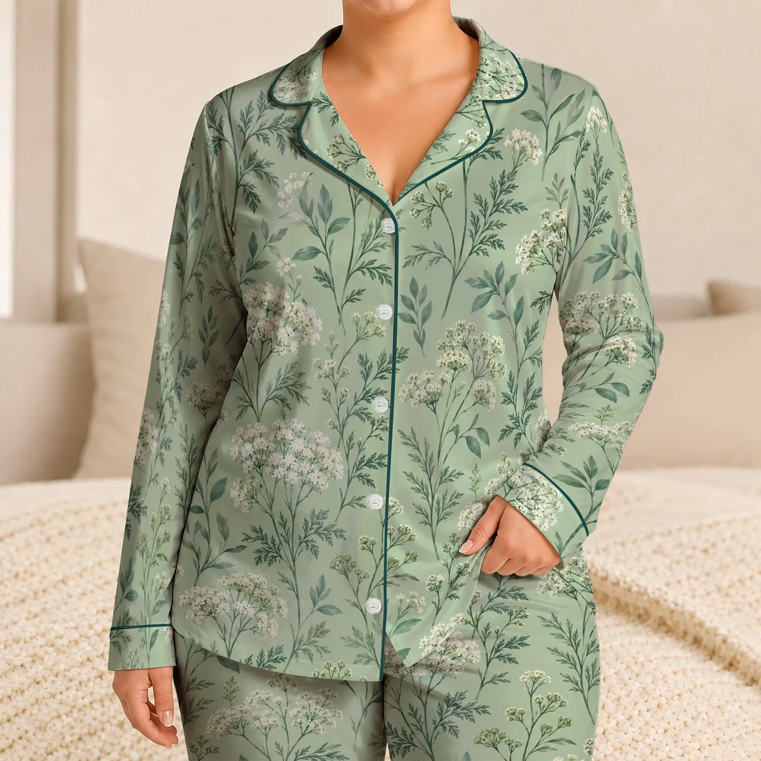 Mint Sage Meadow Botanicals for Relaxed Coastal Getaways and Peaceful Evenings Satin Pajamas Set - 1