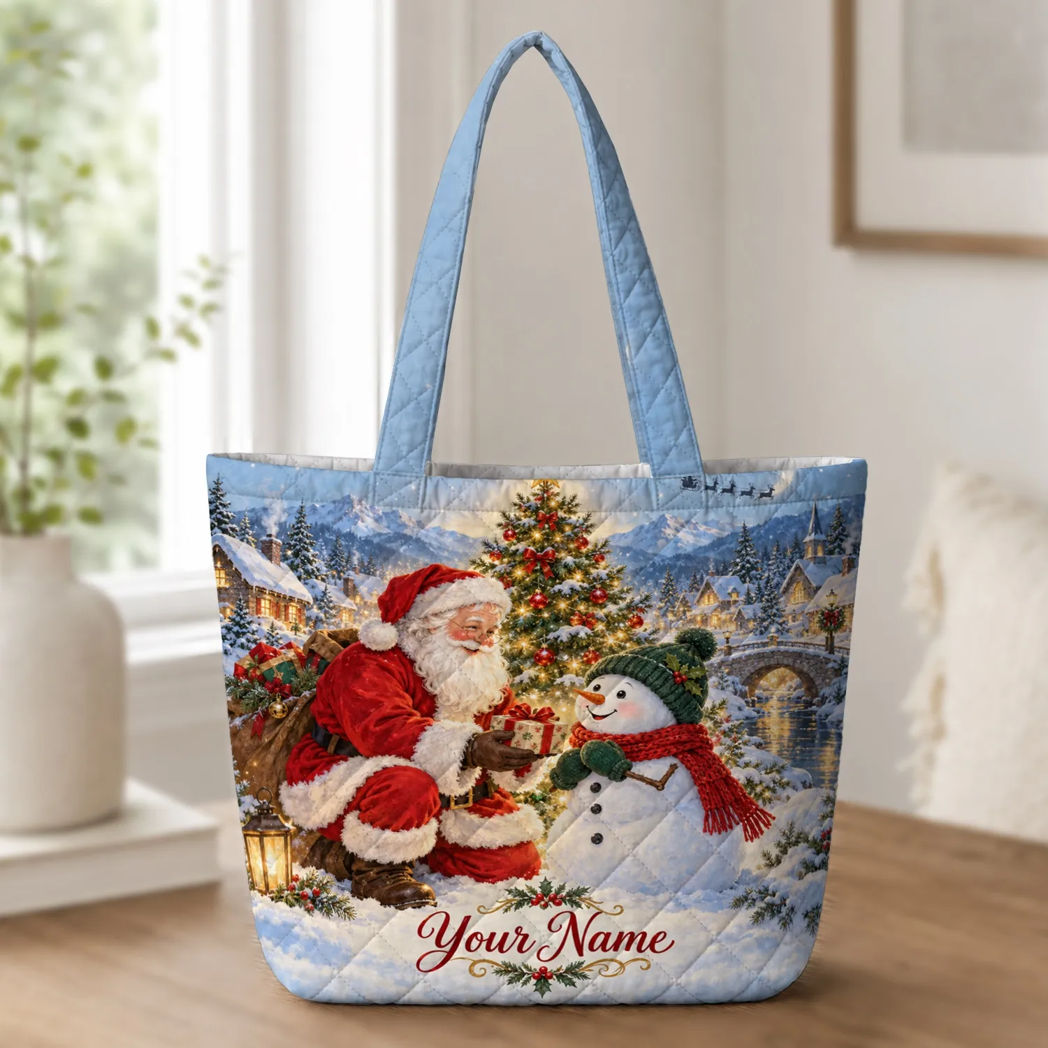 Santa And Snowman Christmas Village Scene For Cozy Holiday Cheer And Winter Gifting Quilted Tote Bag - 1