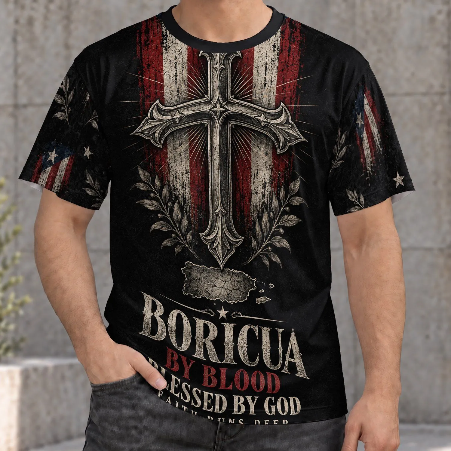 Puerto Rican Cross And Flag Tribute For Faith And Heritage Gatherings All-over Print Unisex T-shirt - 1