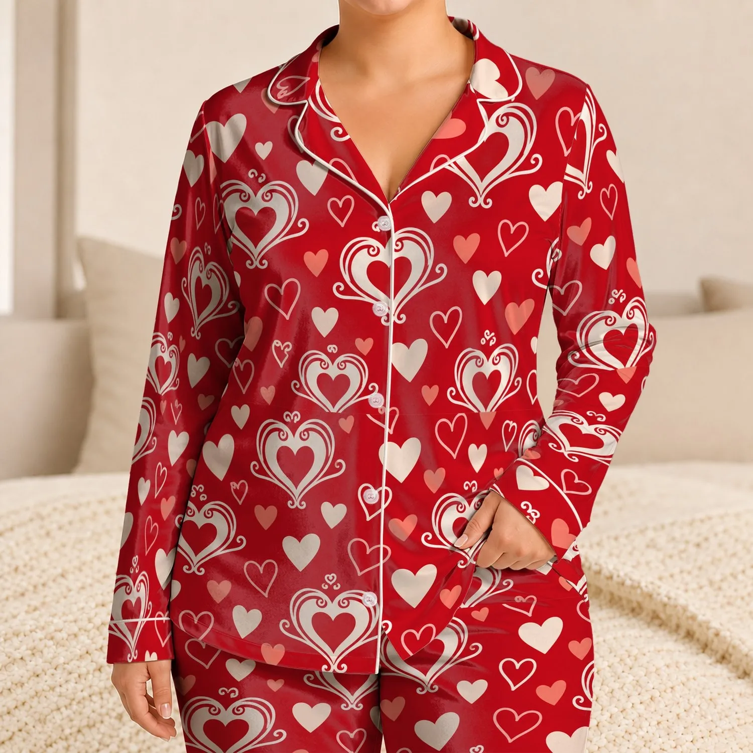 Red And White Heart Motifs For Romantic Evenings And Cozy Valentine's Day Moments Together Satin Pajamas Set - 1
