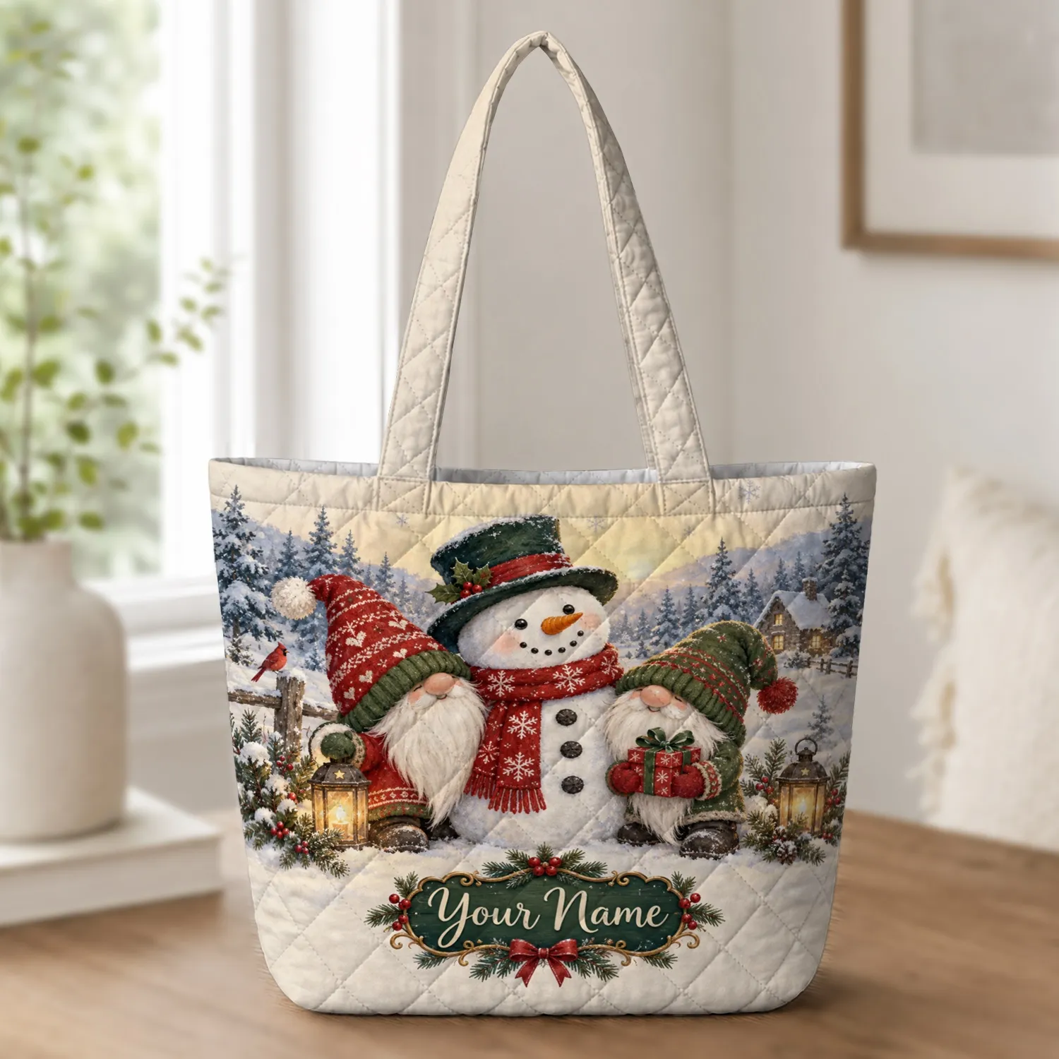 Snowman And Christmas Gnomes For Merry Winter Holiday Celebrations And Gift Giving Quilted Tote Bag - 1