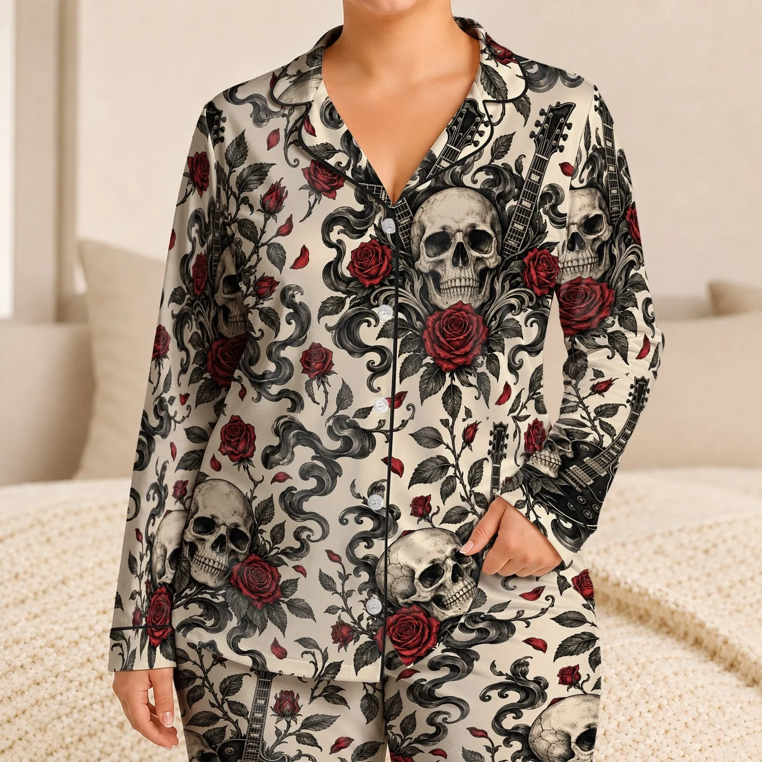 Skull Rose Electric Guitar Tattoo Art for Rock Music Lovers and Alternative Style Satin Pajamas Set - 1