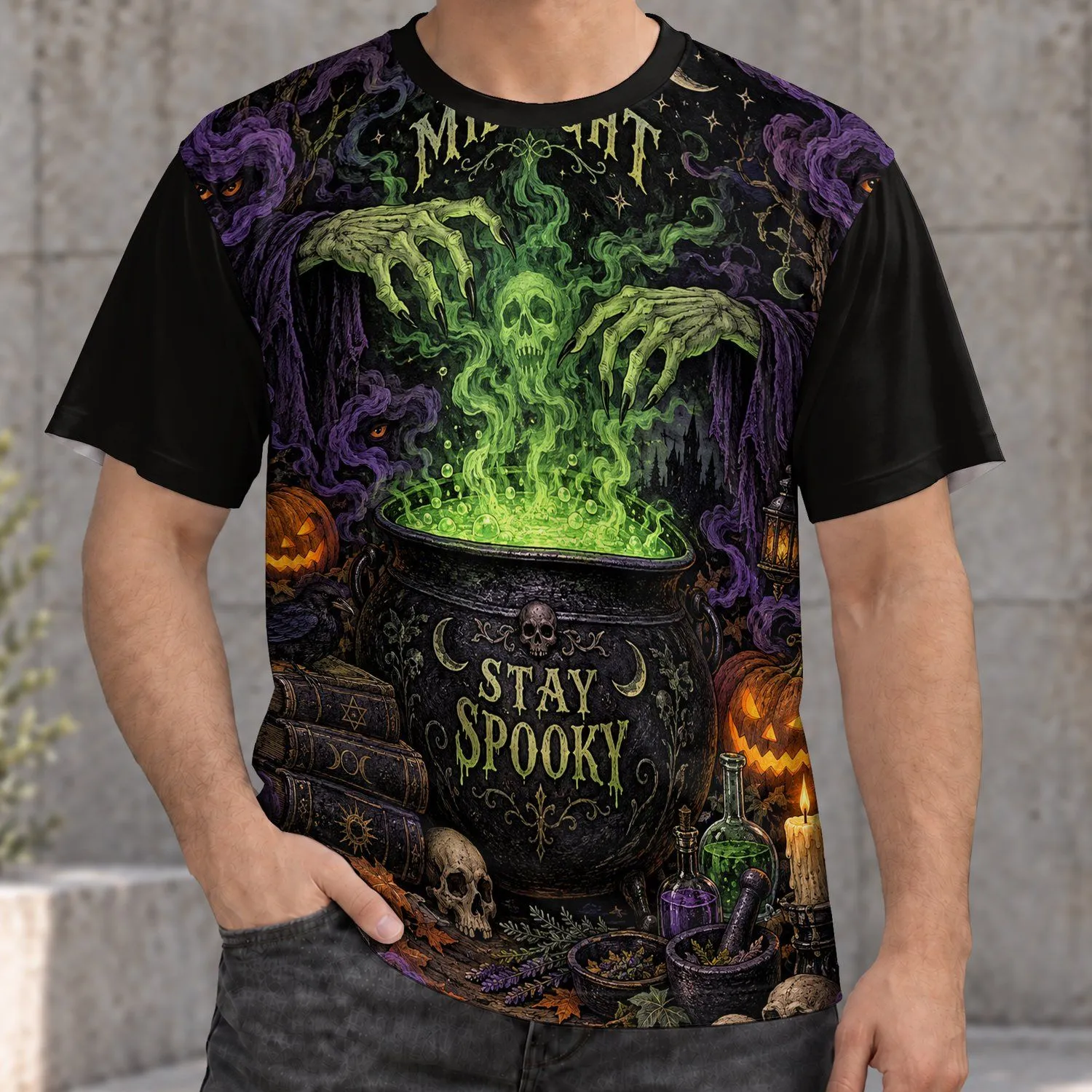 Witch Cauldron at Midnight with Neon Green Potion for Halloween Night Celebrations All-over Print Unisex T-shirt - 1