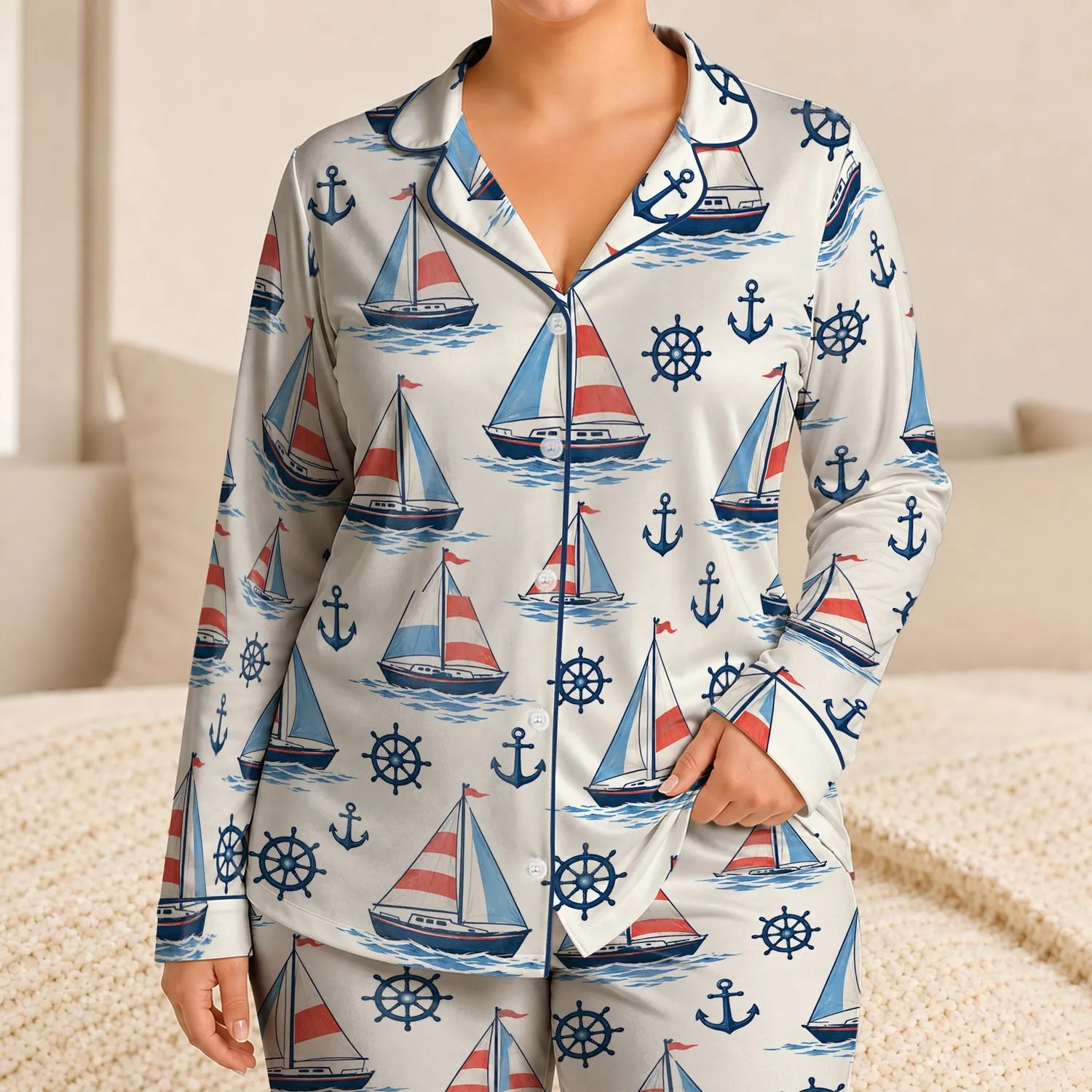 Sailboats and Nautical Wheels for Coastal Getaways and Relaxed Summer Evenings Satin Pajamas Set - 1