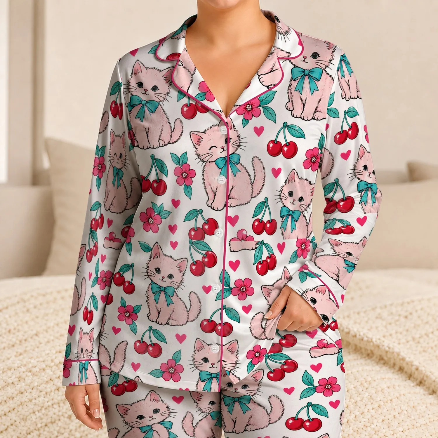 Sweet Bow-Tied Kittens and Cherries for Cozy Cottagecore Lounging and Gift Giving Satin Pajamas Set - 1