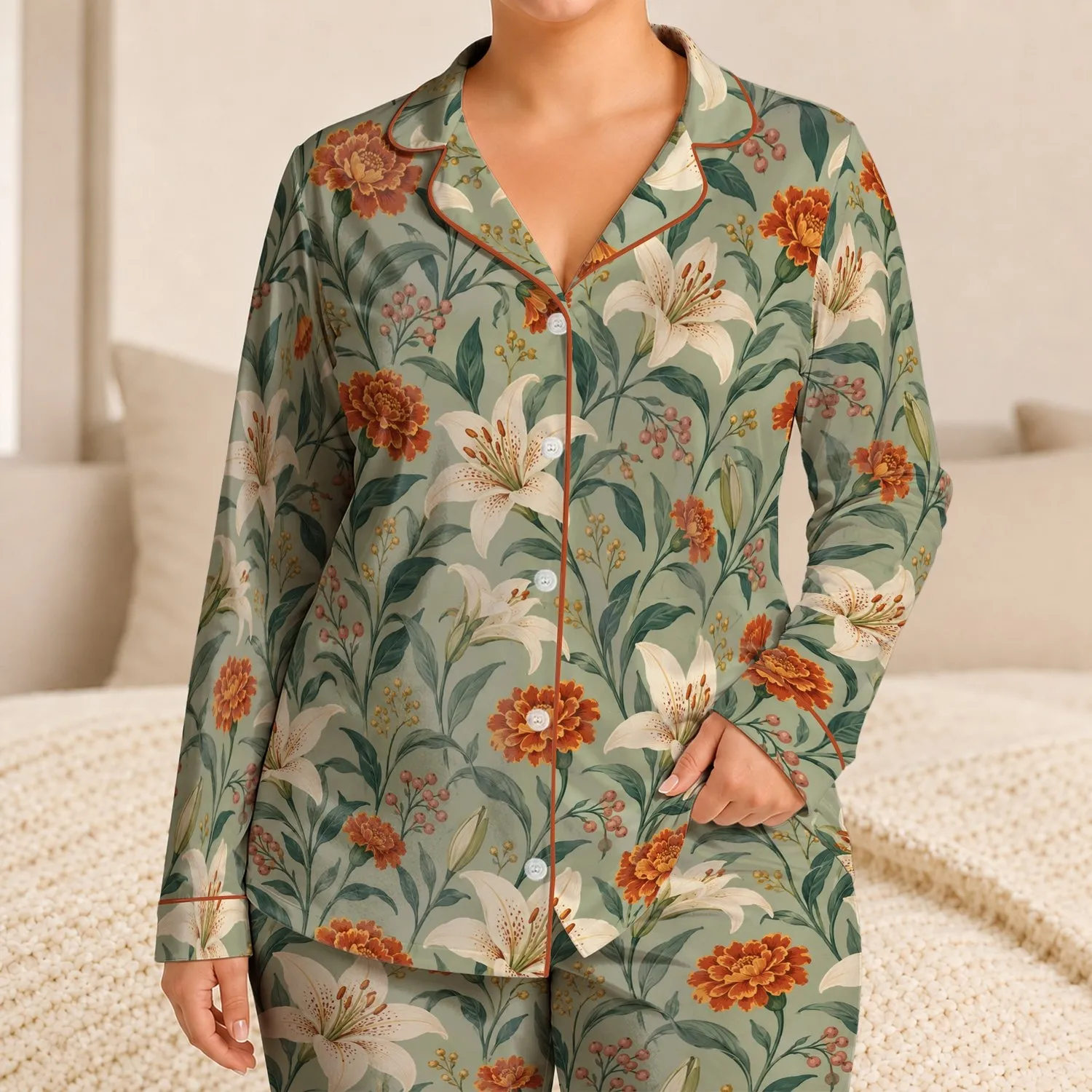 Cream Lilies and Rust Marigolds for Relaxed Coastal Evenings and Summer Getaways at Home Satin Pajamas Set - 1