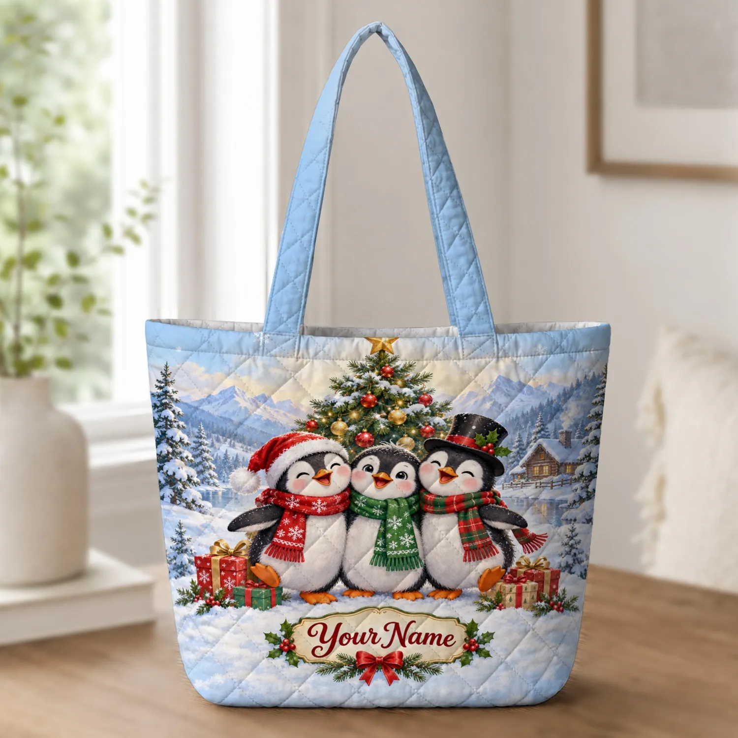 Cute Penguin Snowman Christmas Scene for Festive Winter Cheer and Penguin Lovers Quilted Tote Bag - 1
