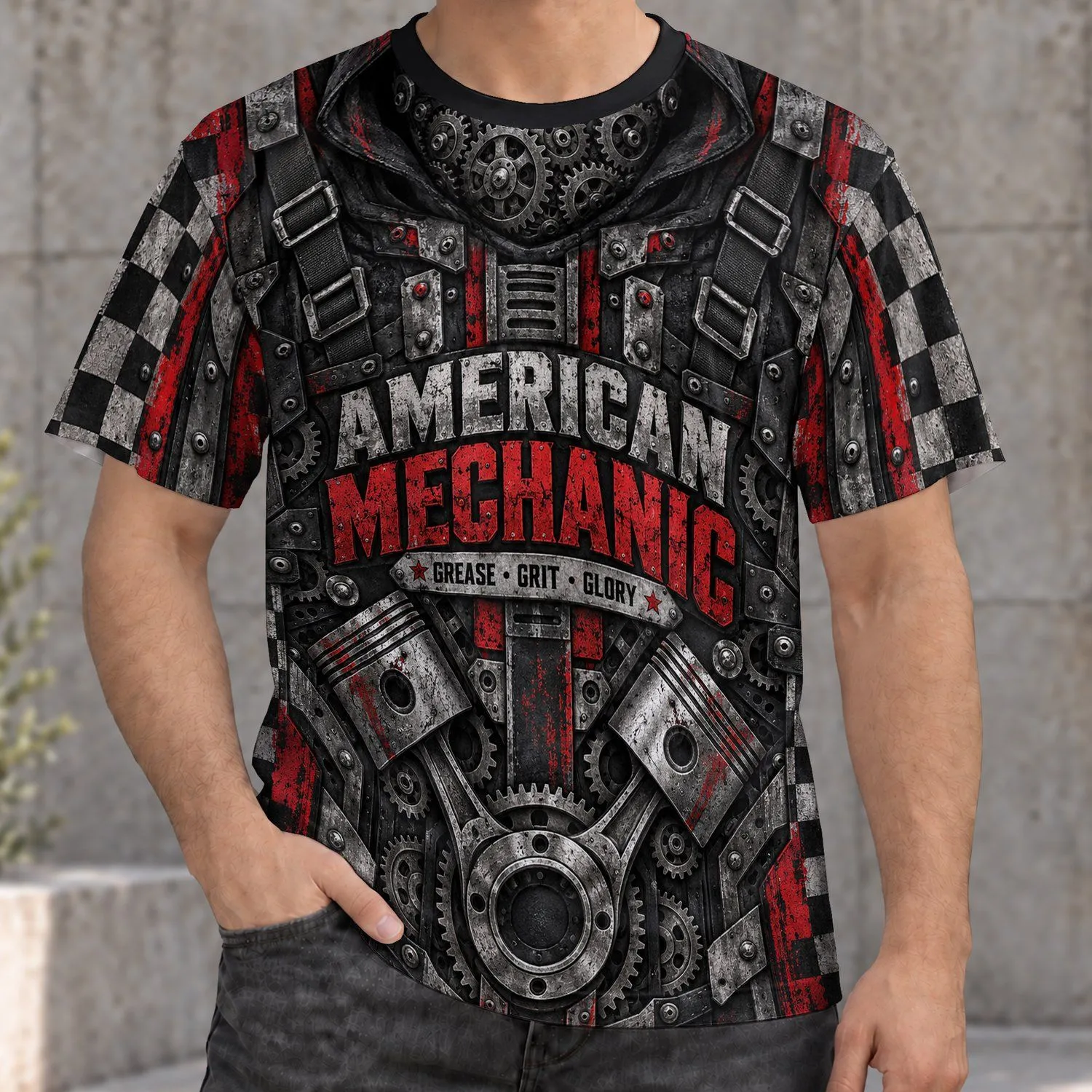 Retro Mechanic Gears And Pistons For Garage Days And Weekend Wrenching All-over Print Unisex T-shirt - 1