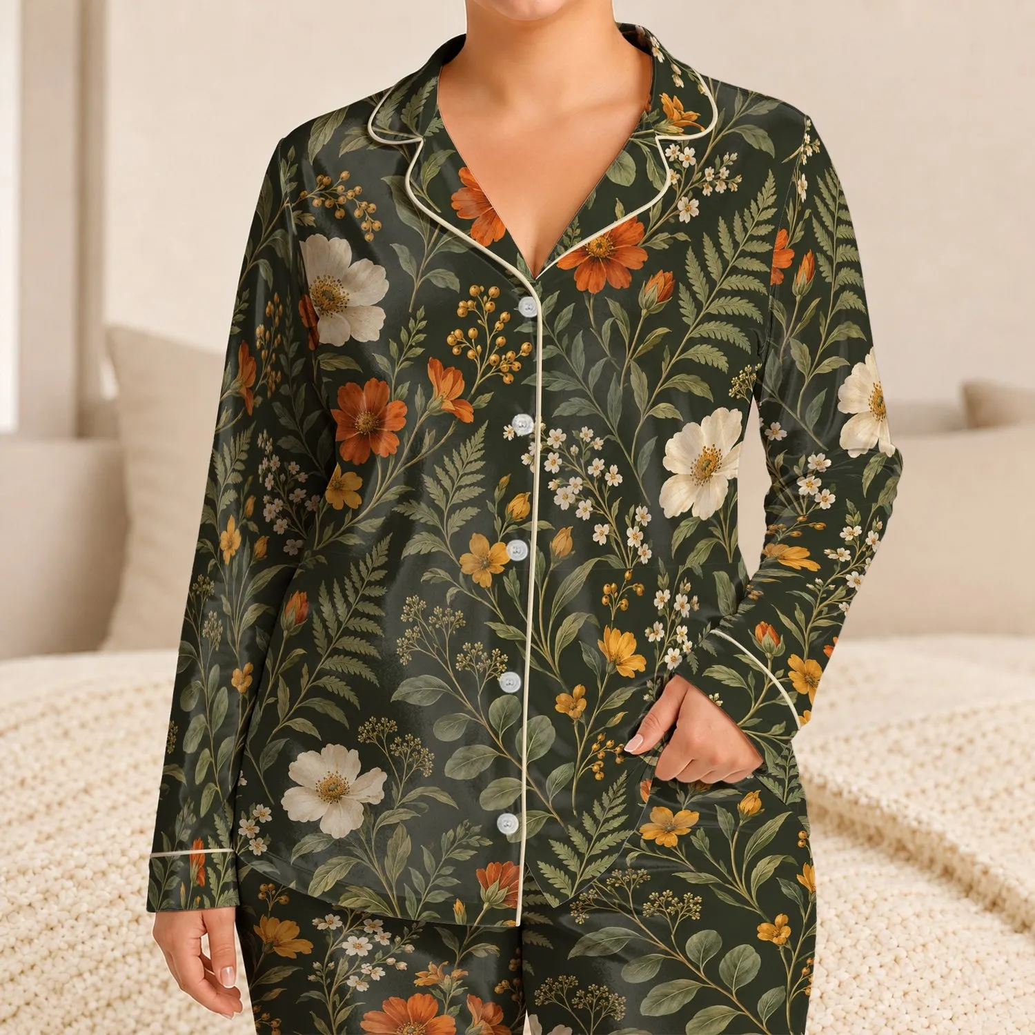 Tropical Wildflowers and Ferns for Relaxed Coastal Getaways and Summer Lounging Satin Pajamas Set - 1