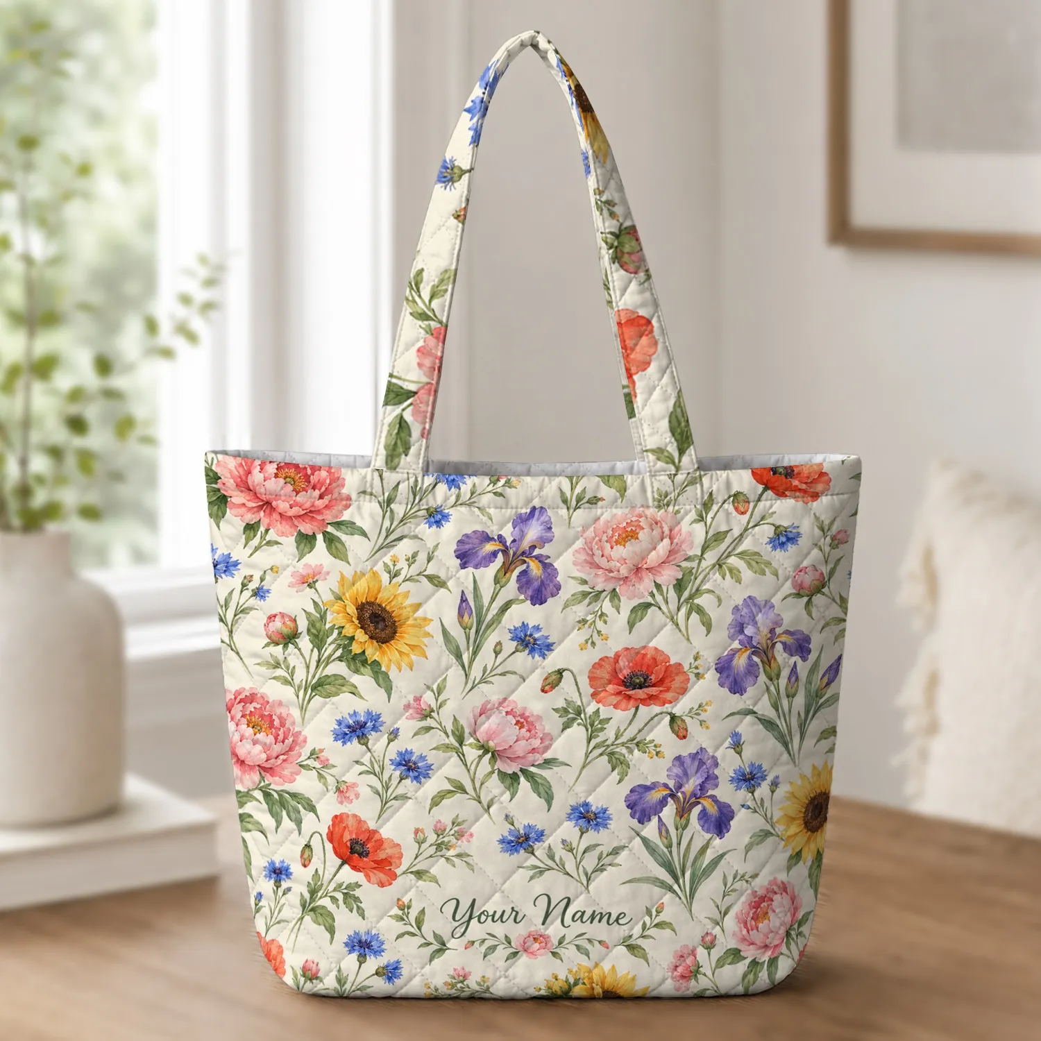 Watercolor Wildflower Garden Blooms for Spring Birthdays and Everyday Garden Lovers Quilted Tote Bag - 1