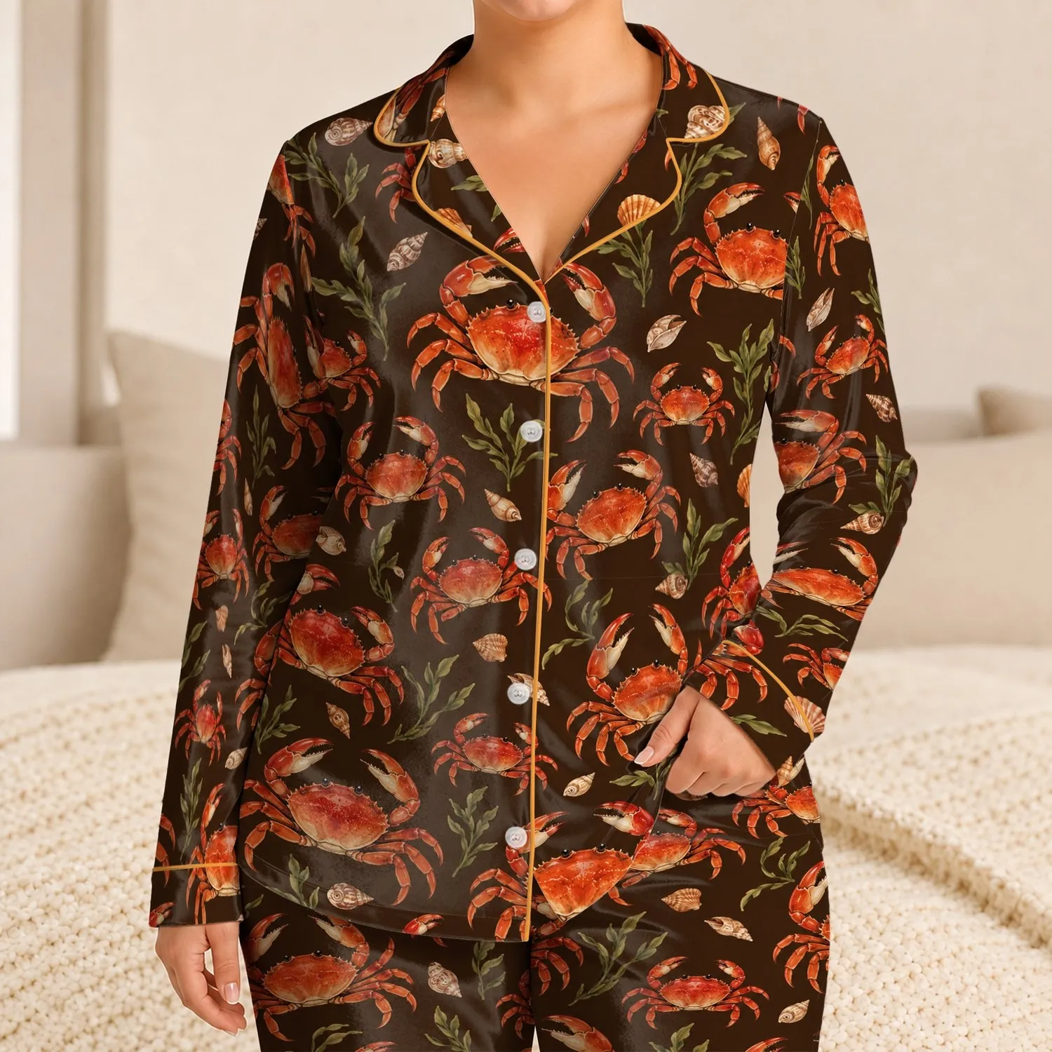 Scarlet Crab Coastal Motif for Relaxed Seaside Lounging and Ocean-Inspired Gifts for Him Satin Pajamas Set - 1