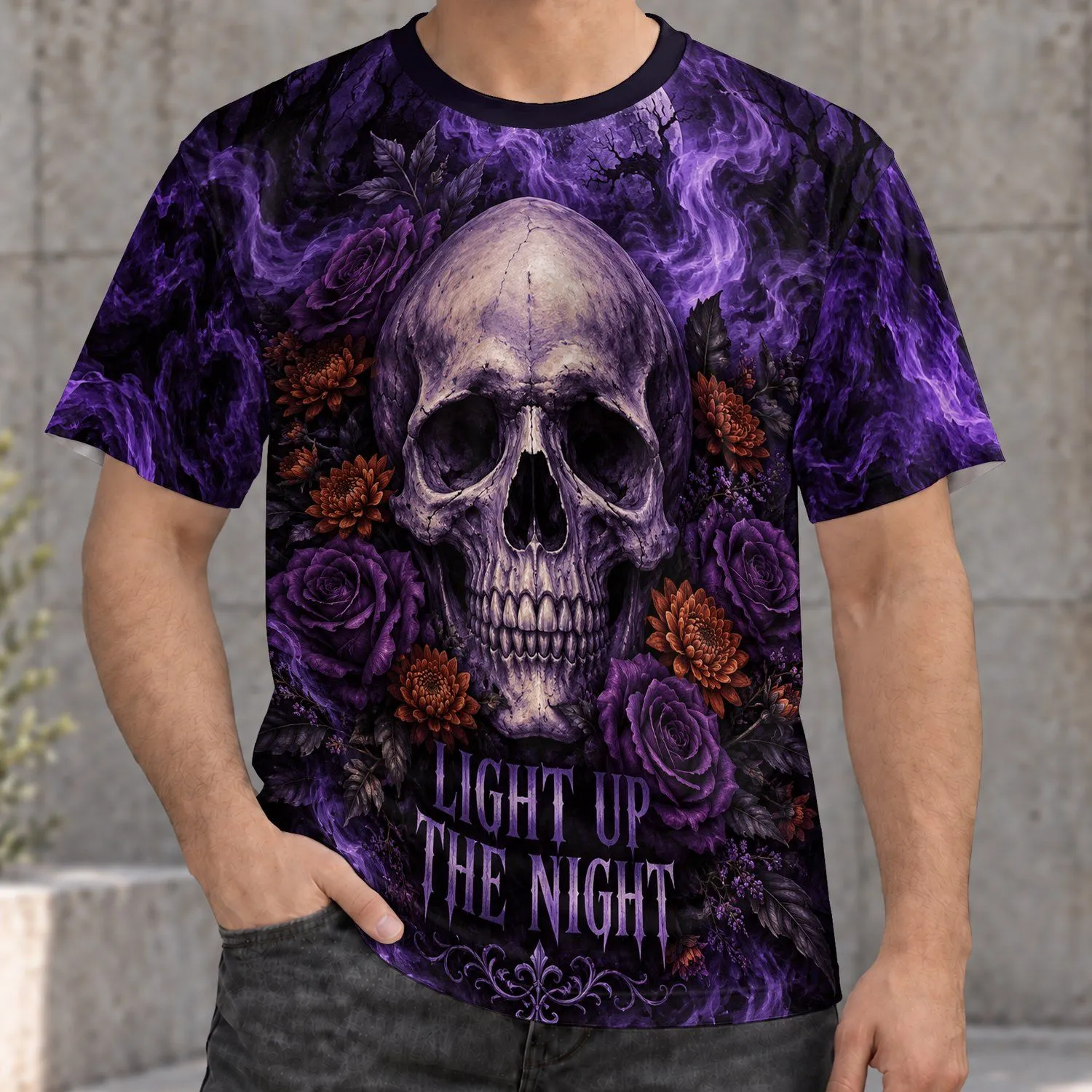 Purple Floral Skull With Gothic Night Mood For Alternative Style And Halloween Fans All-over Print Unisex T-shirt - 1