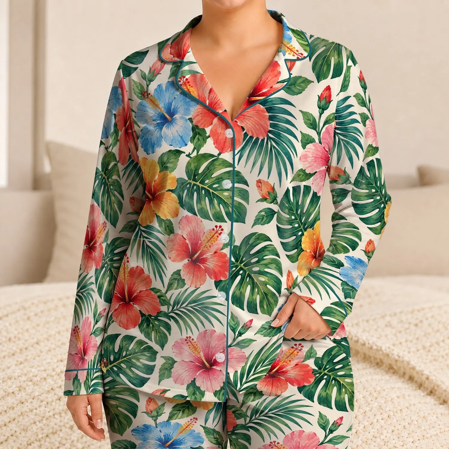 Tropical Hibiscus and Palm Leaves for Relaxed Island Getaways and Summer Lounging Satin Pajamas Set - 1