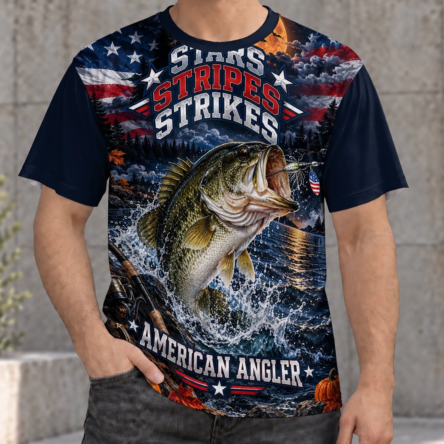 Moonlit Bass Fishing With Patriotic Colors for Anglers and Outdoor Weekends All-over Print Unisex T-shirt - 1