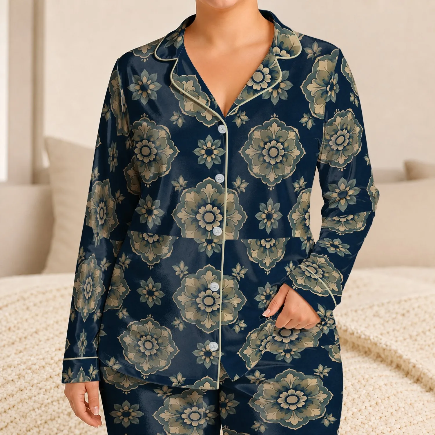 Vintage Teal Medallion Florals for Relaxed Summer Vacation Style Satin Pajamas Set - 1