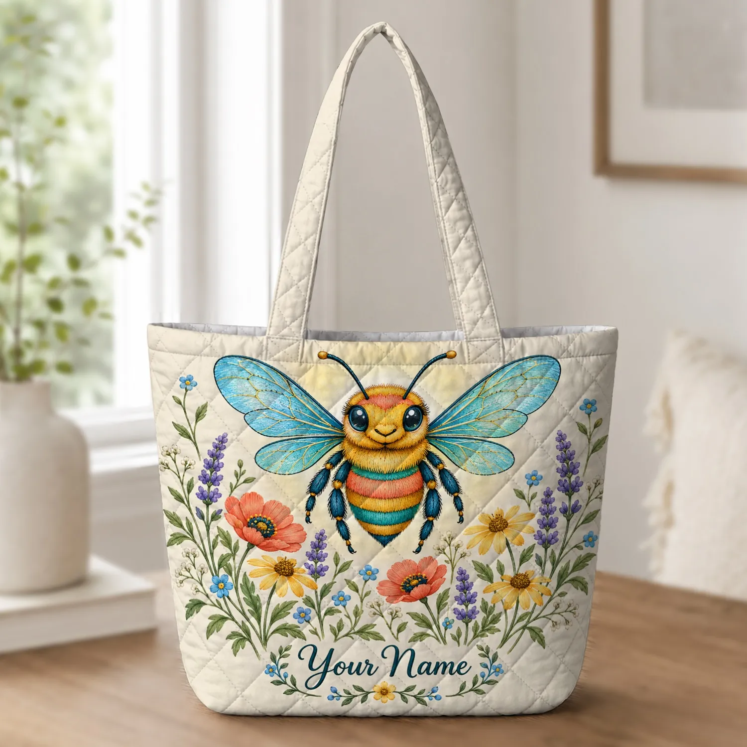 Colorful Bee and Wildflower Garden for Springtime Gifts for Nature Lovers and Gardeners Quilted Tote Bag - 1