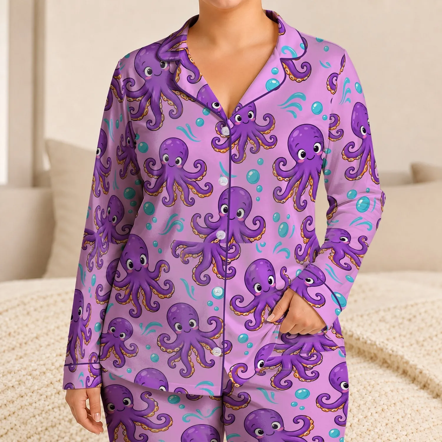 Playful Purple Octopus and Sea Bubble Motifs for Tropical Beach Days Satin Pajamas Set - 1