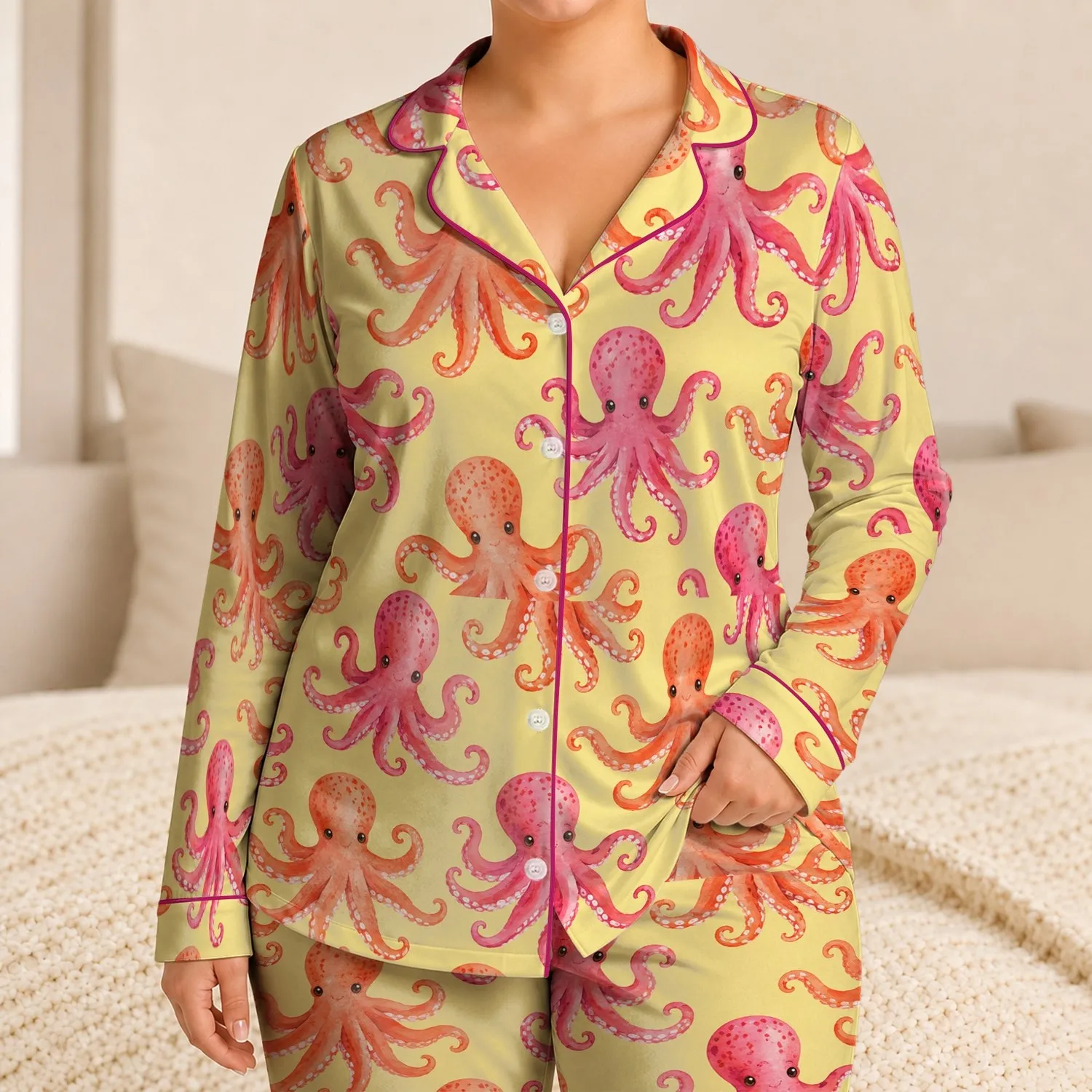 Watercolor Octopus Motifs for Tropical Beach Escapes and Relaxed Coastal Weekend Getaways Satin Pajamas Set - 1