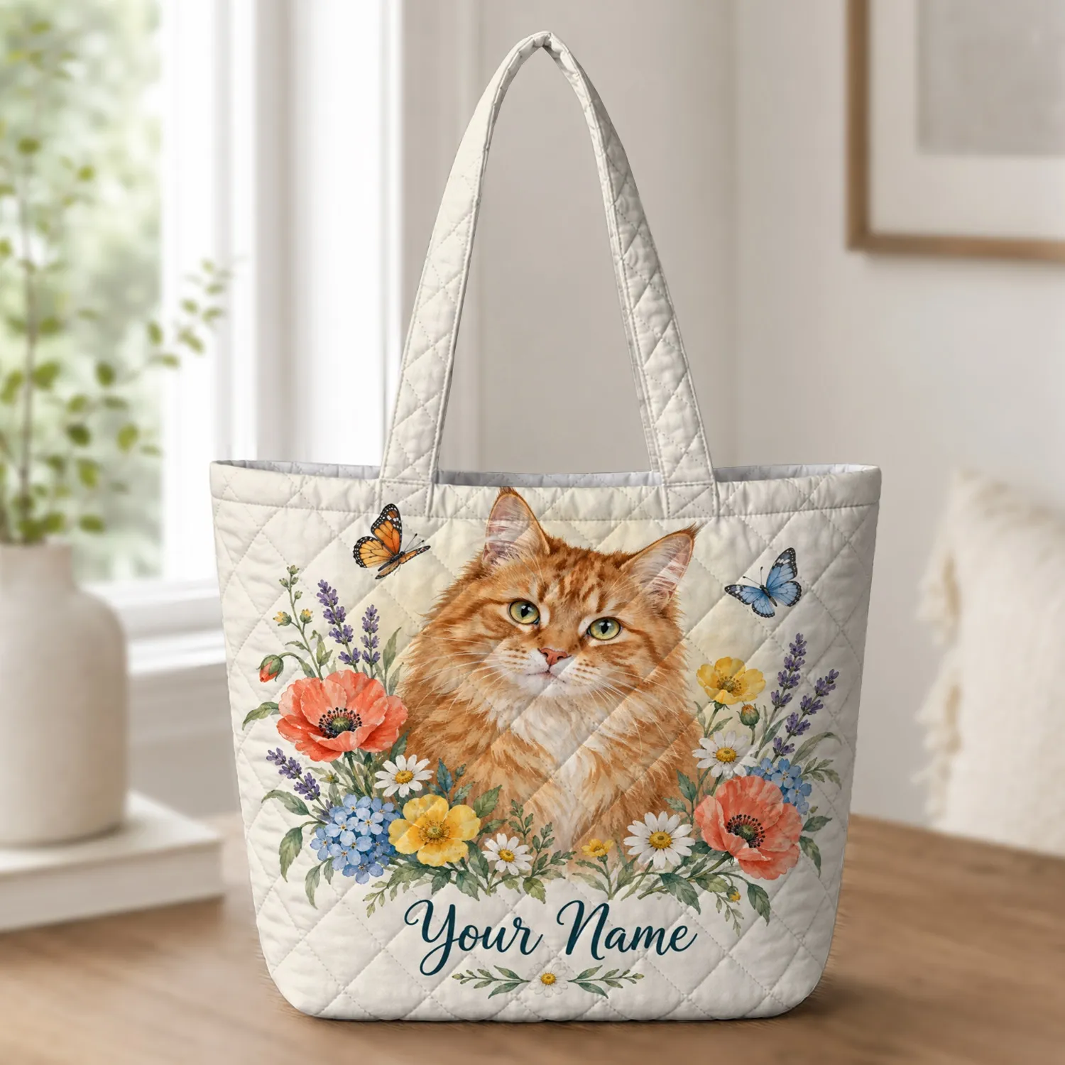 Ginger Cat with Colorful Wildflowers for Spring Birthdays and Everyday Outings for Her Quilted Tote Bag - 1