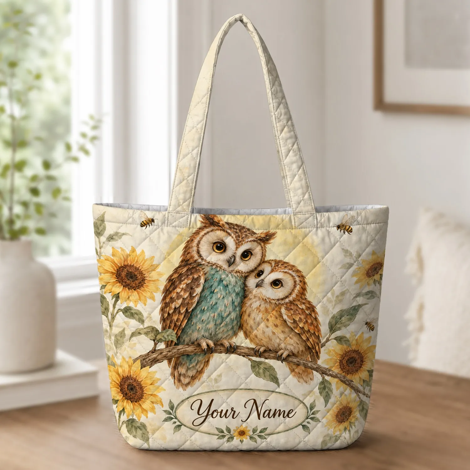 Owl Pair and Sunflowers for Nature Lovers, Summer Cottagecore Gift for Her Quilted Tote Bag - 1